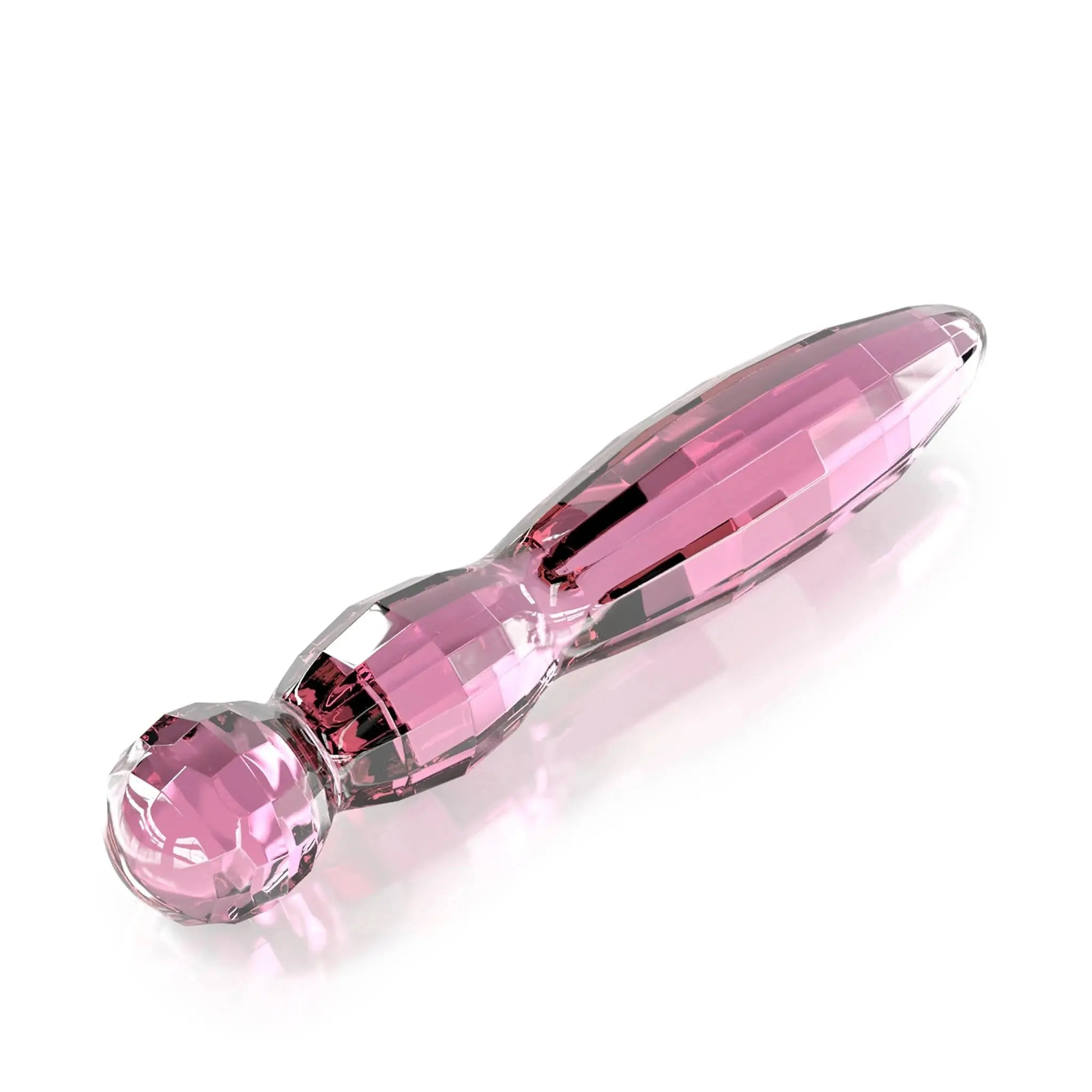 Luxury pink crystal wand massager by JIMMYJANE on white background, faceted design