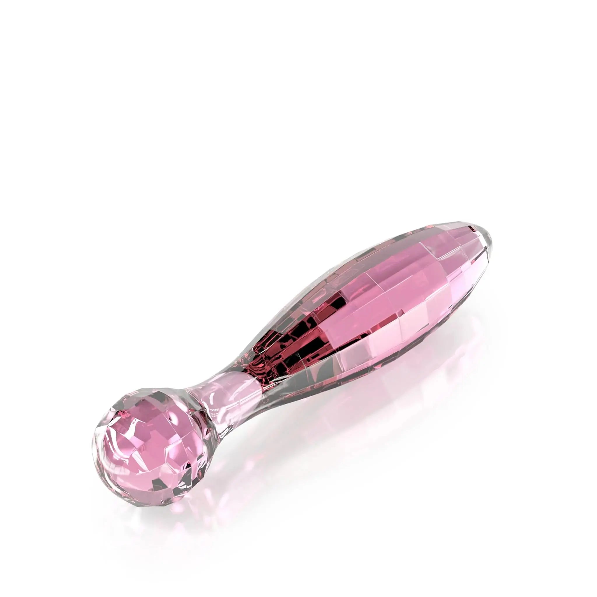 Pink faceted glass pleasure toy by JIMMYJANE, luxury adult accessory on white background.