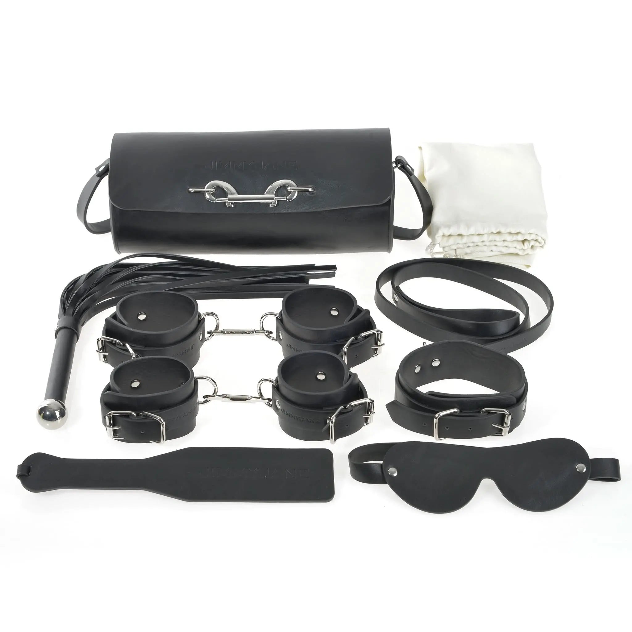 Luxury black leather bondage set with cuffs, paddle, mask, flogger, bag, and fabric, JIMMYJANE.