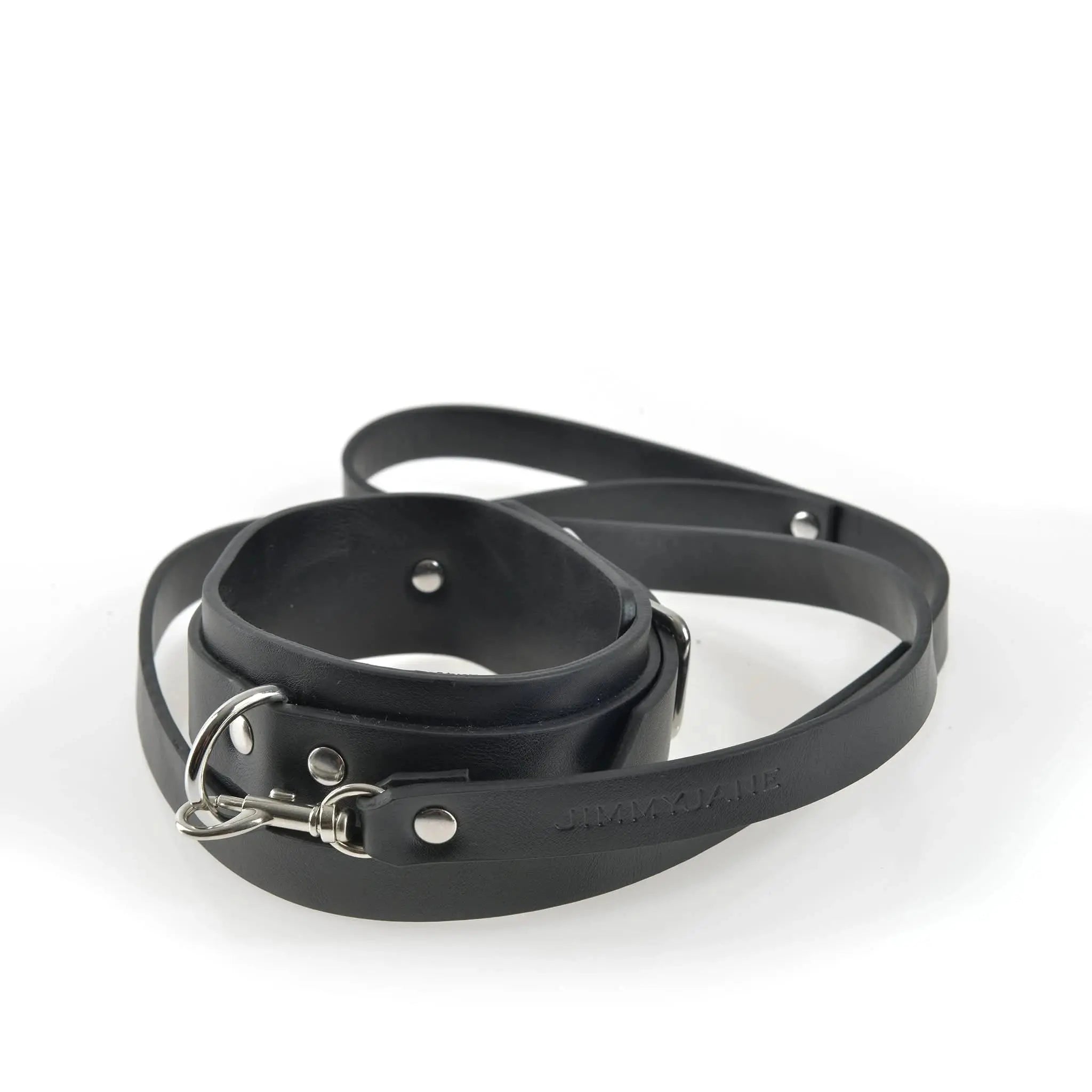 Black leather collar and leash with metallic clasp, JIMMYJANE luxury accessory on white background