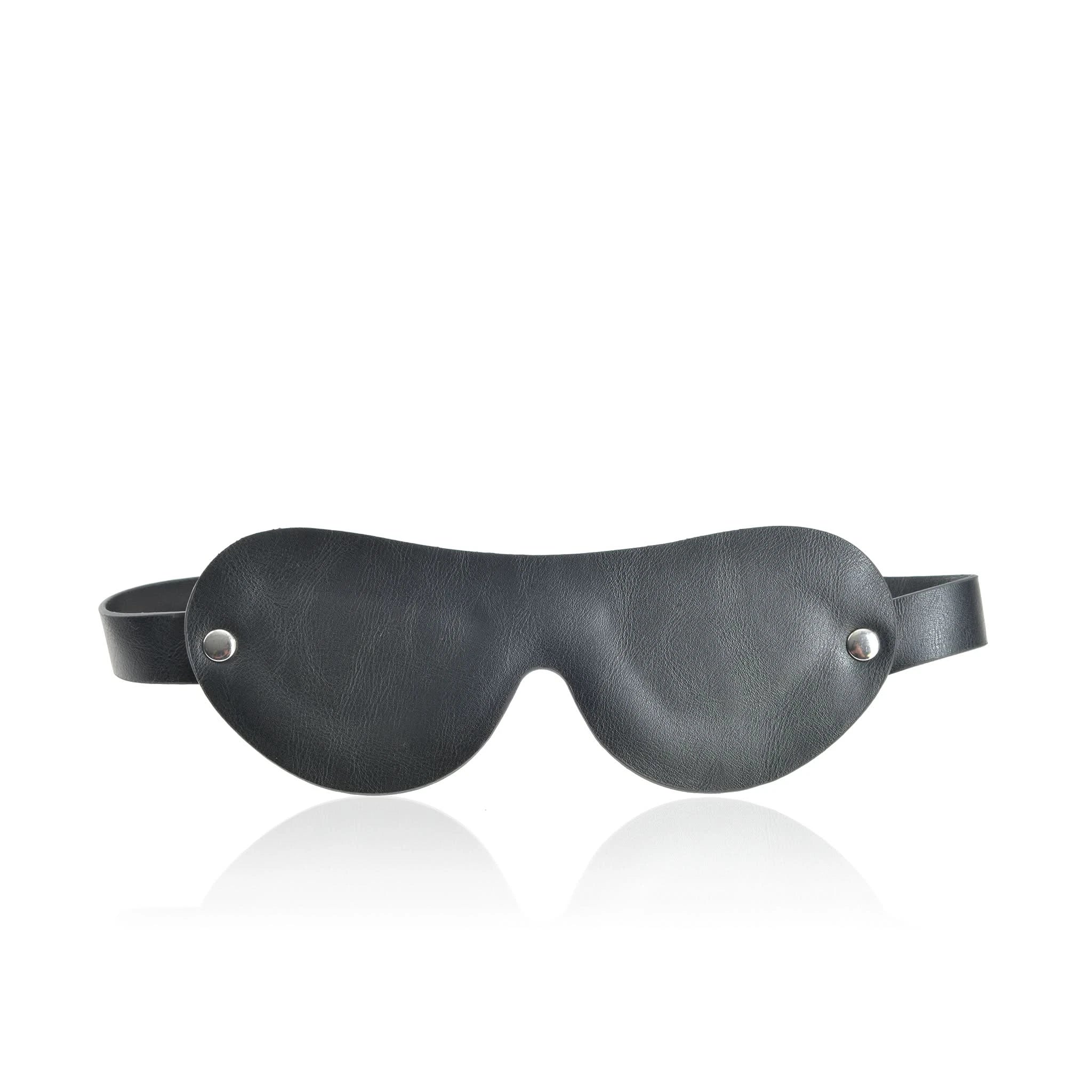The JIMMYJANE® 7-Piece Bondage Set features a black vegan leather blindfold with adjustable strap and metal rivets, ideal for couples looking to enhance their experience. Displayed on a white background.