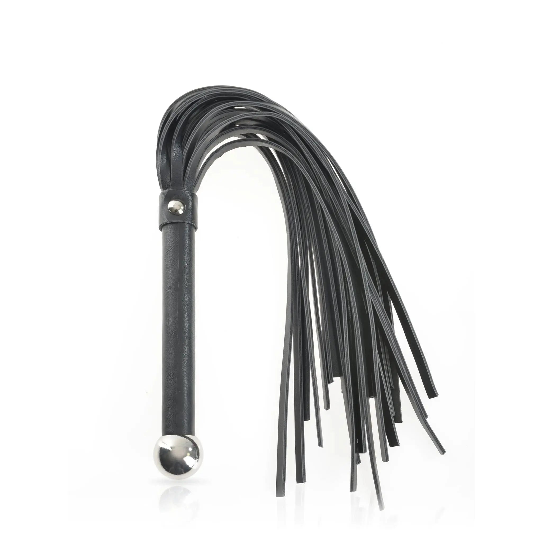 Luxury black faux leather flogger with metal handle from JIMMYJANE on white background