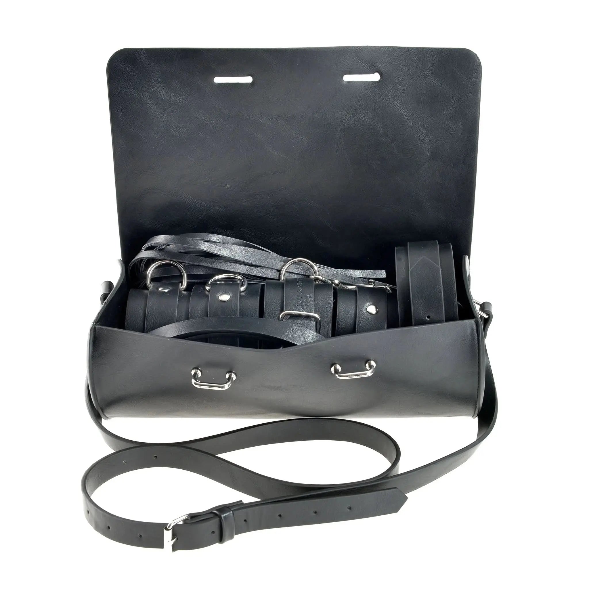 Luxury black leather restraint set with metal accents in an open case, JIMMYJANE premium accessories