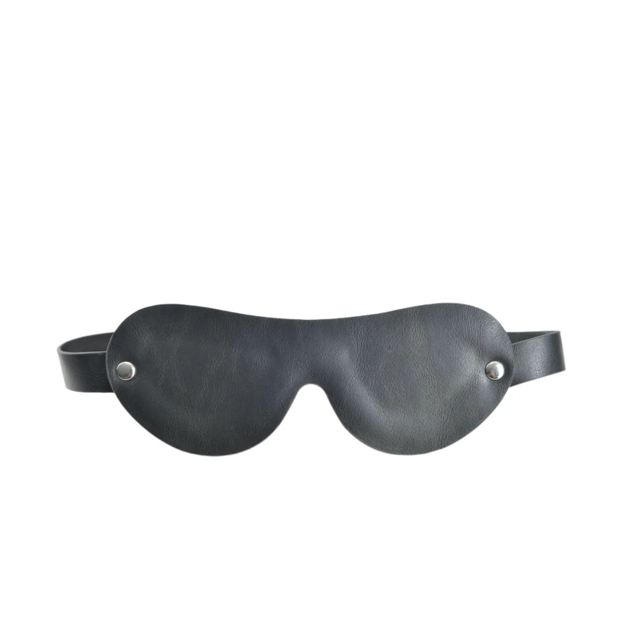 Black leather blindfold with adjustable strap, premium accessory from JIMMYJANE