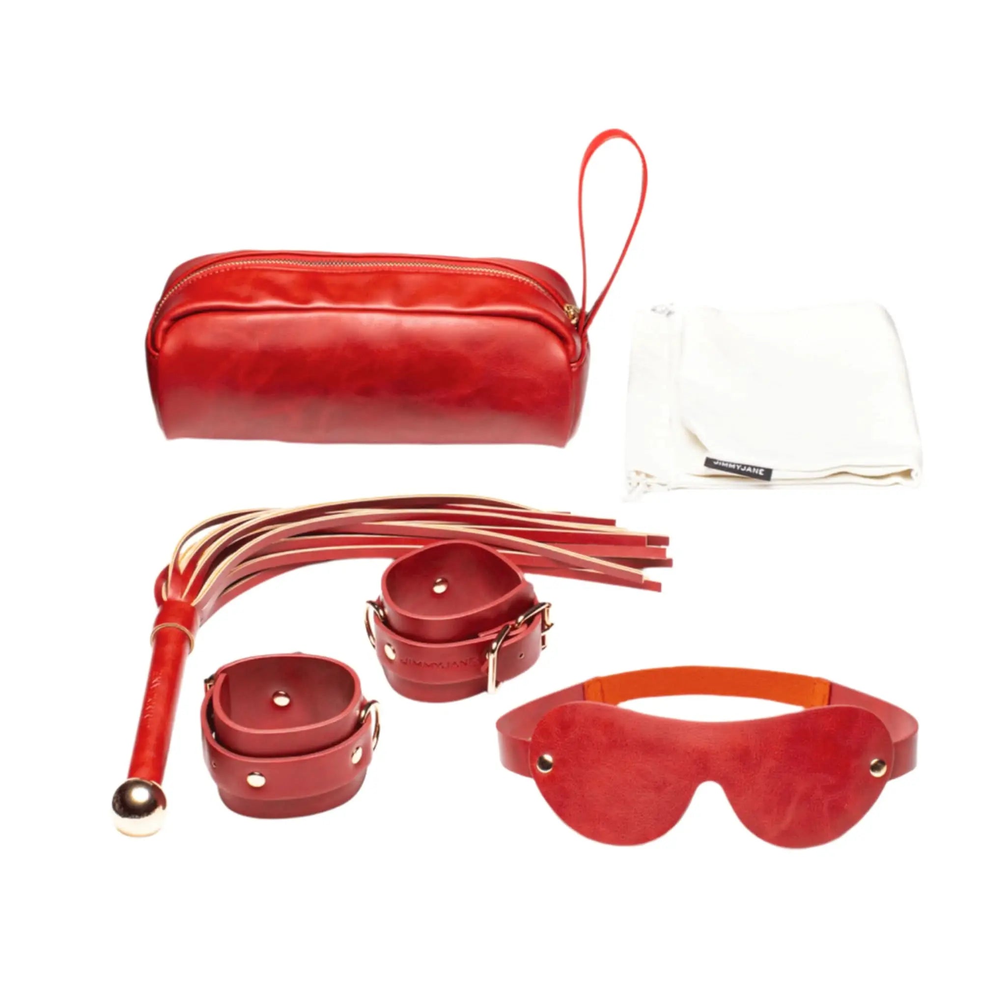 JIMMYJANE luxury red leather accessory kit with pouch, cuffs, blindfold, and flogger set
