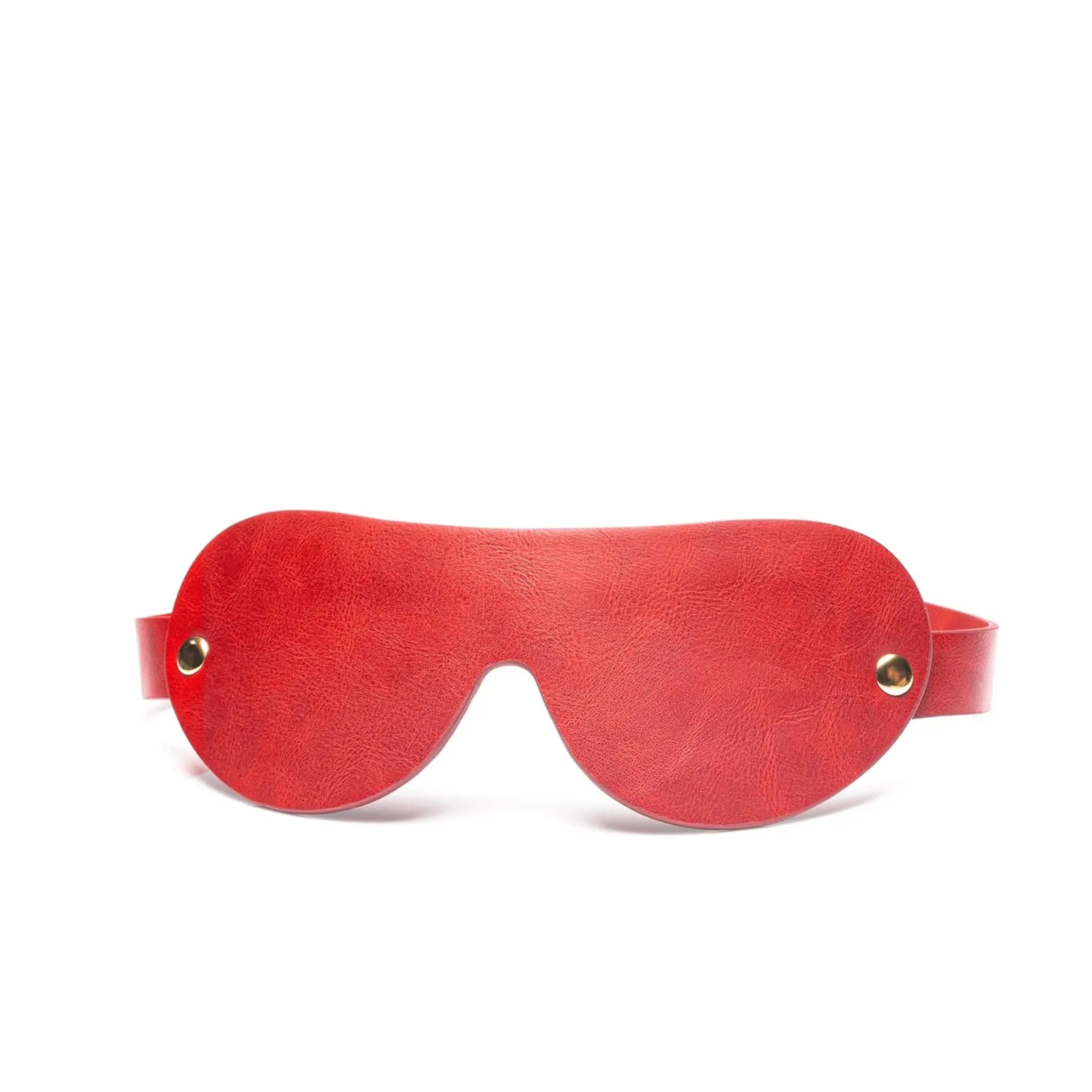 Red leather eye mask with gold accents by JIMMYJANE, premium accessory on white background