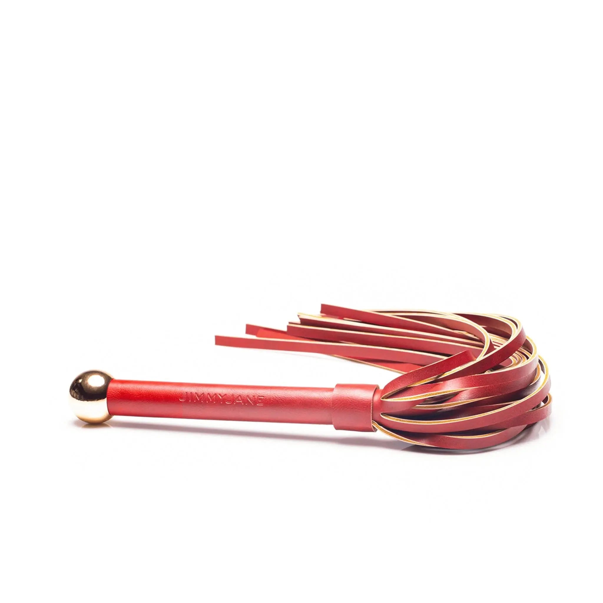 JIMMYJANE luxury red and gold leather flogger with gold-accented handle, premium adult accessory
