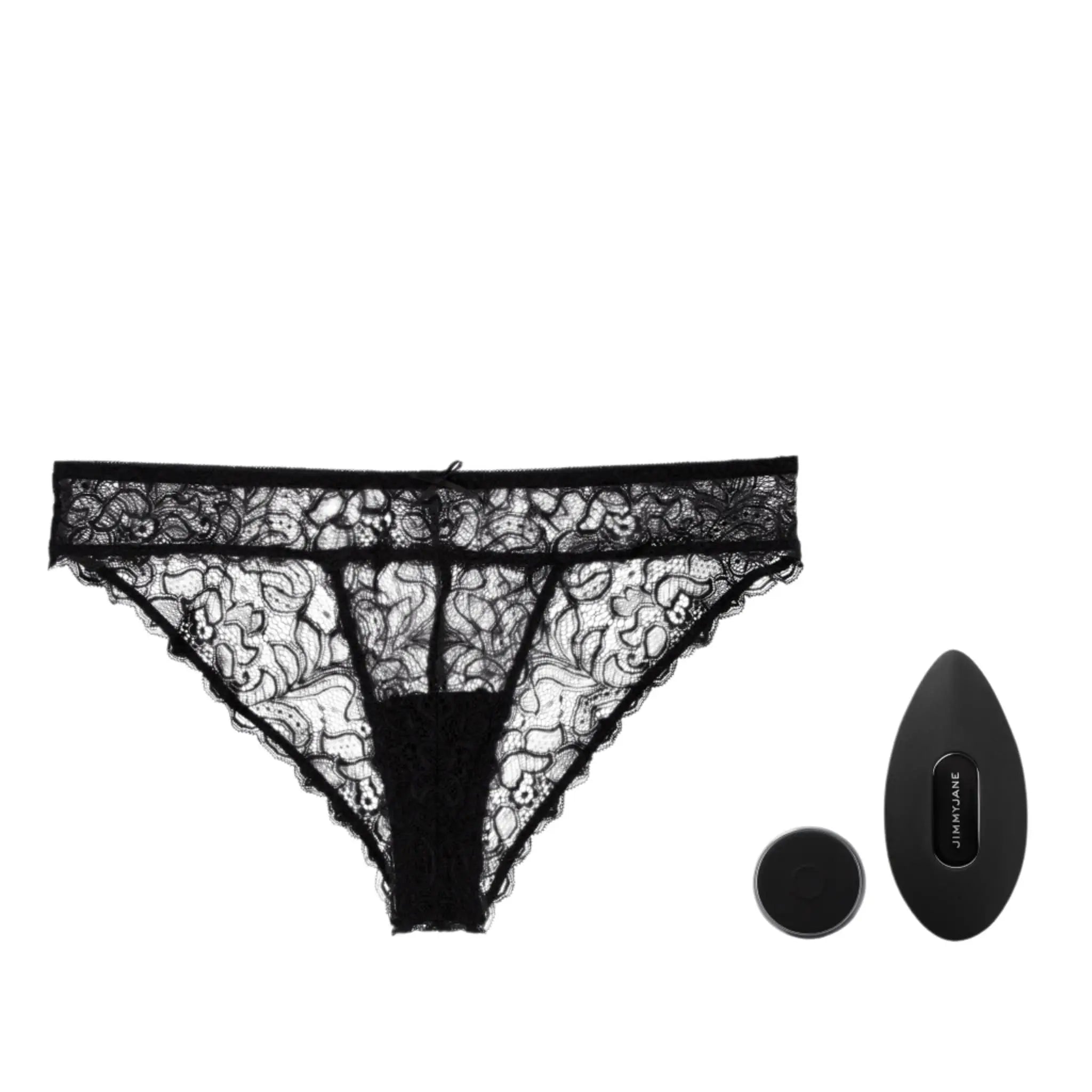 JIMMYJANE black lace panty set with wireless remote and sleek device on white background