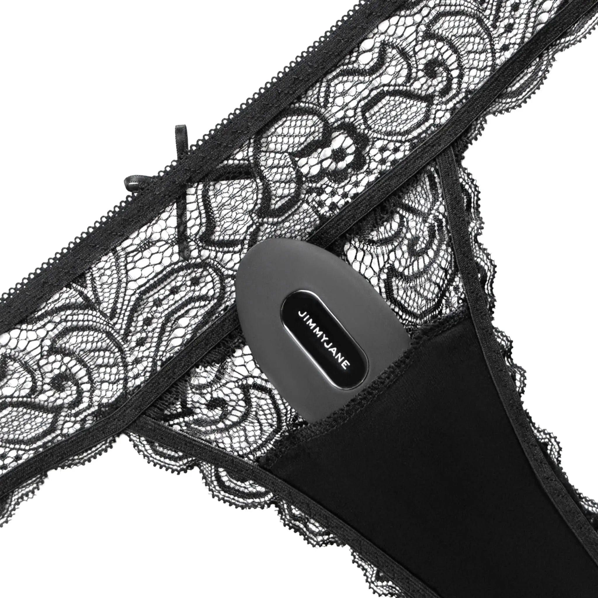 Black lace lingerie with a JIMMYJANE branded accessory for luxury intimate wear