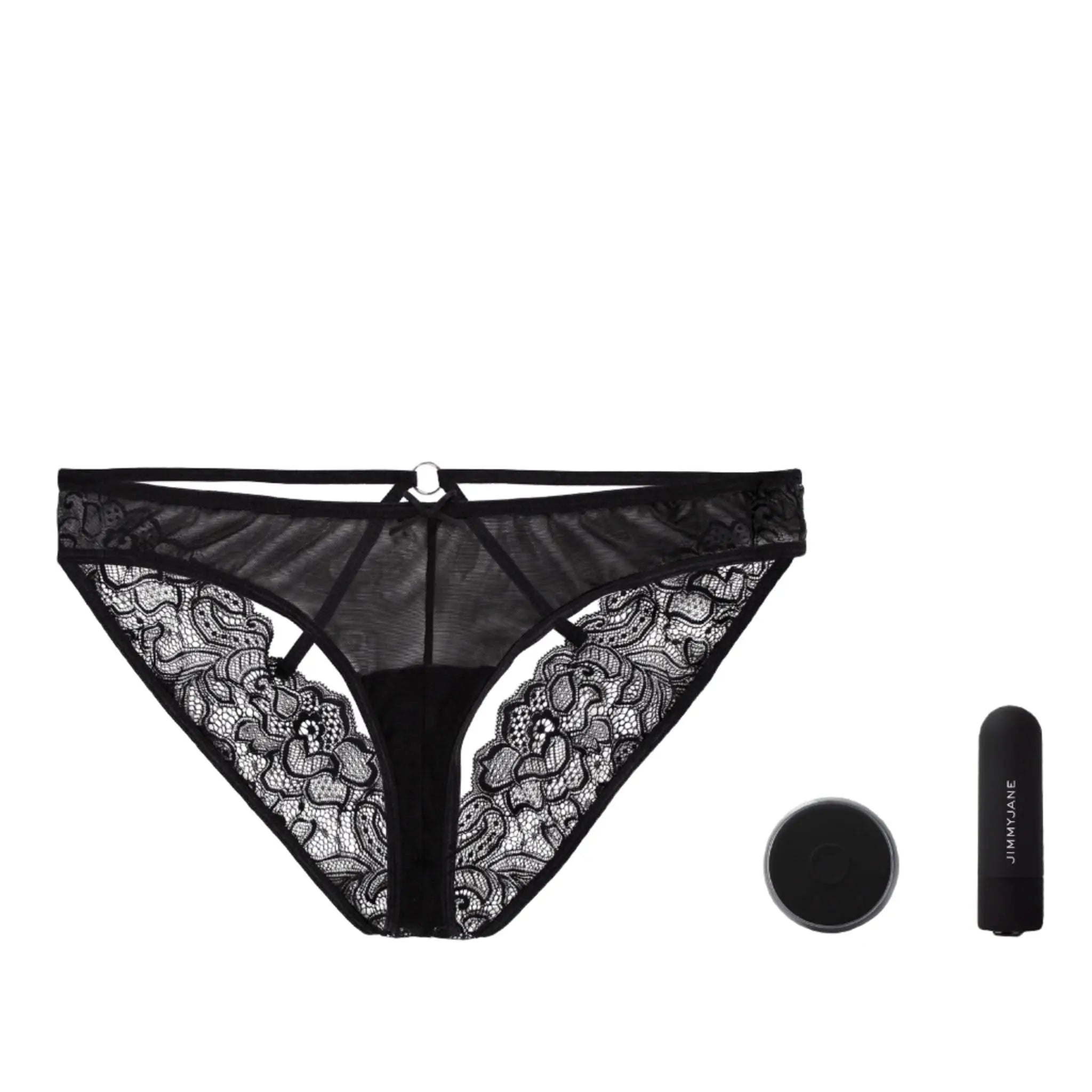 Black lace panties with ring detail and JIMMYJANE branded accessory on white background