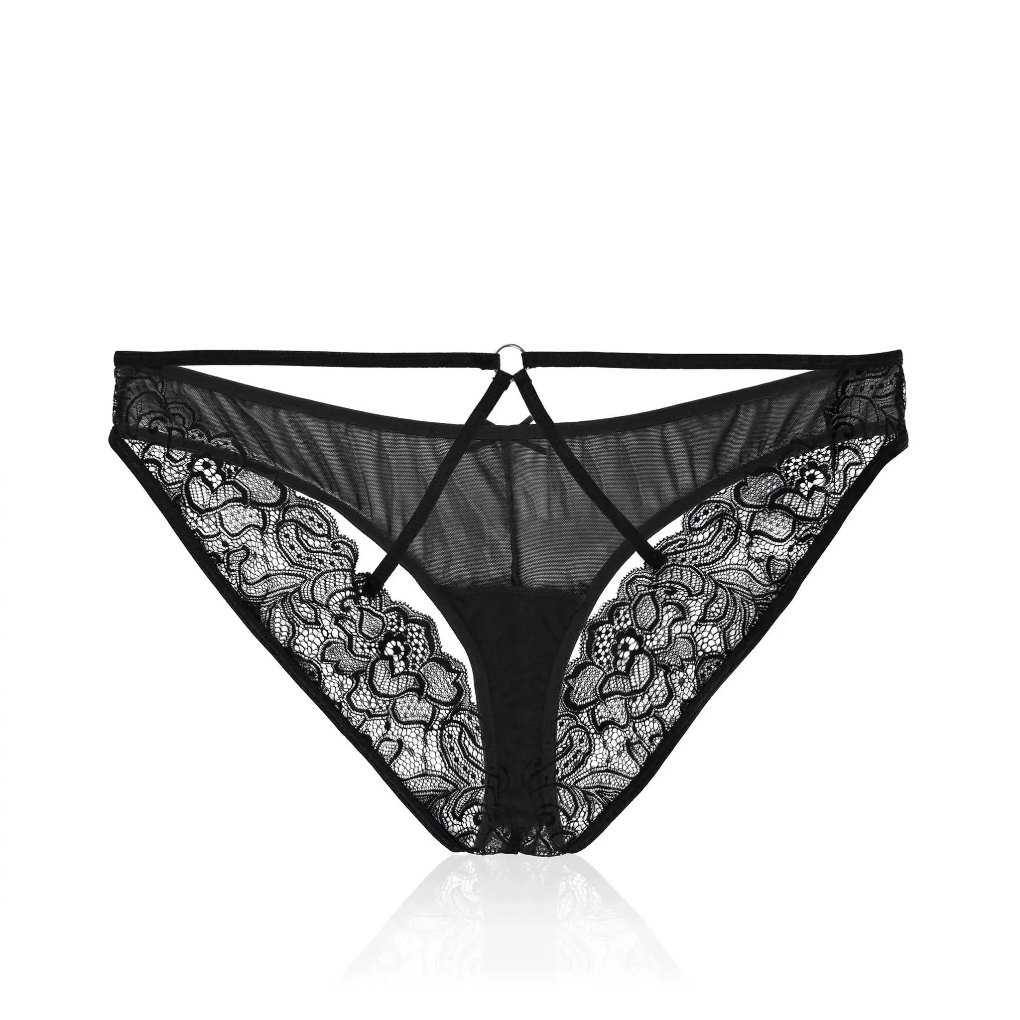 Black lace mesh panties with floral pattern and strappy details, JIMMYJANE luxury lingerie