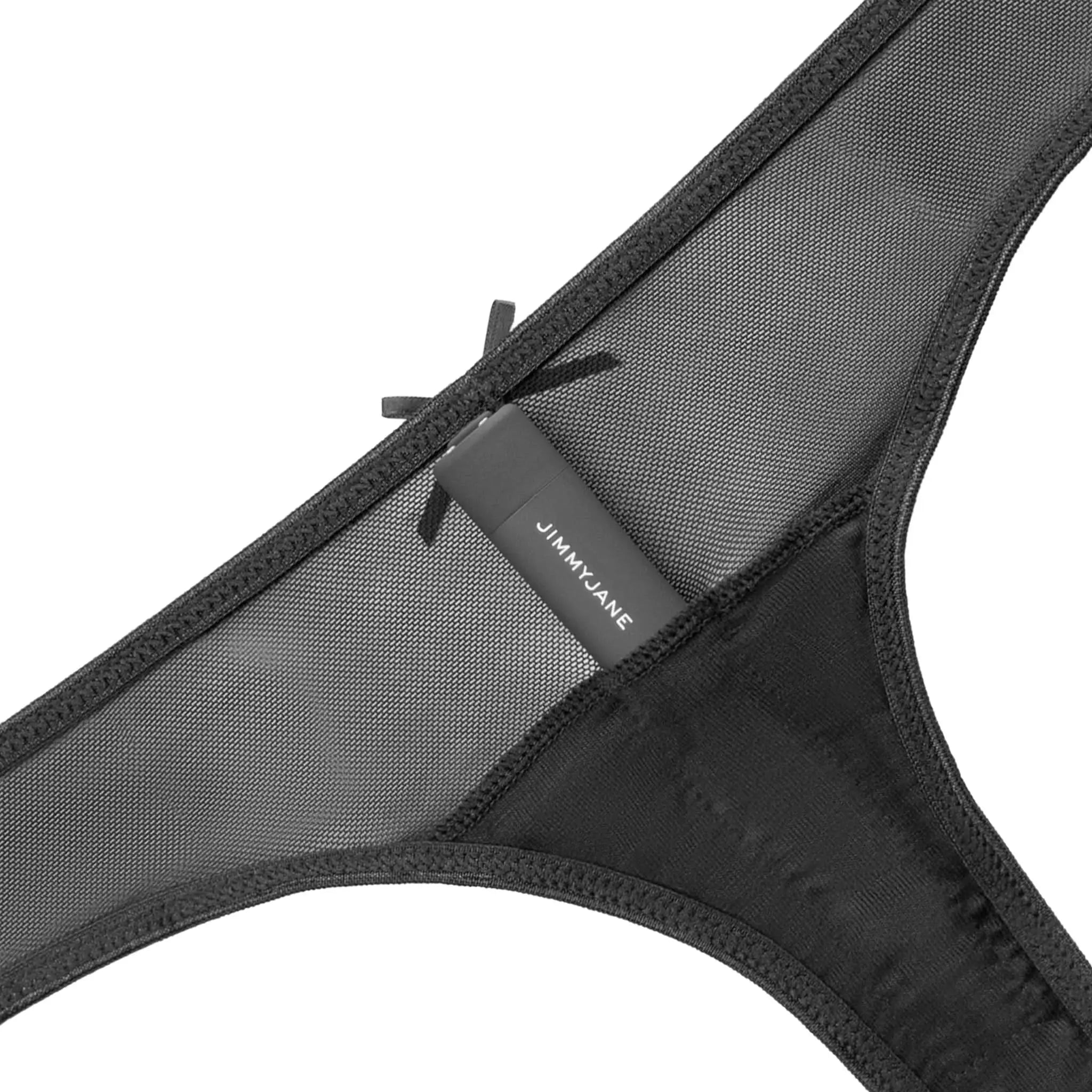 Black mesh JIMMYJANE luxury lingerie with branded tag and delicate bow detail