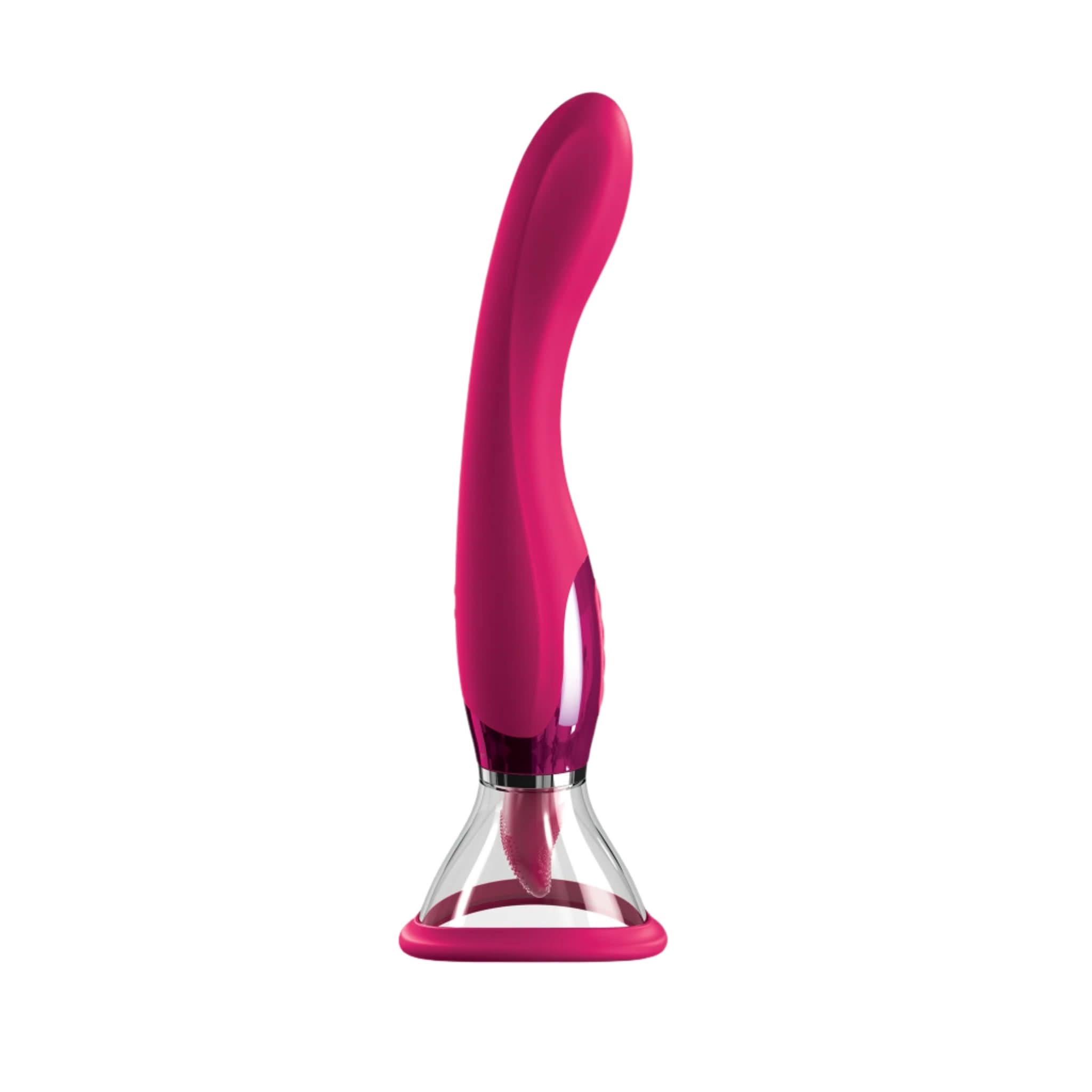 The JIMMYJANE® Apex® is a pink silicone sex toy with a curved shape for g-spot stimulation, a clear suction base, and powerful tongue-motion patterns, shown on a white background.