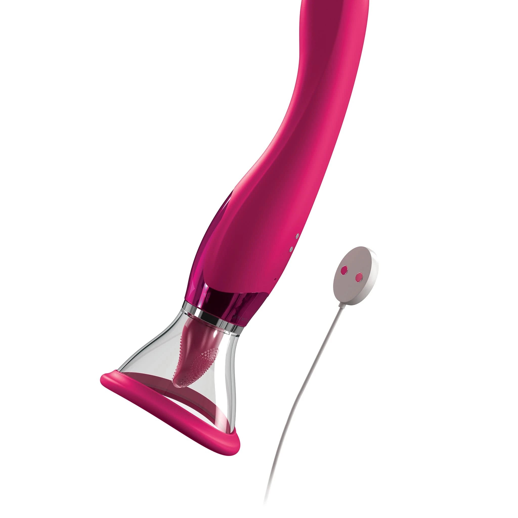 The JIMMYJANE® Apex® is a pink, curved sex toy with a suction cup base and connected white remote, designed for G-spot stimulation and powerful tongue-motion patterns.