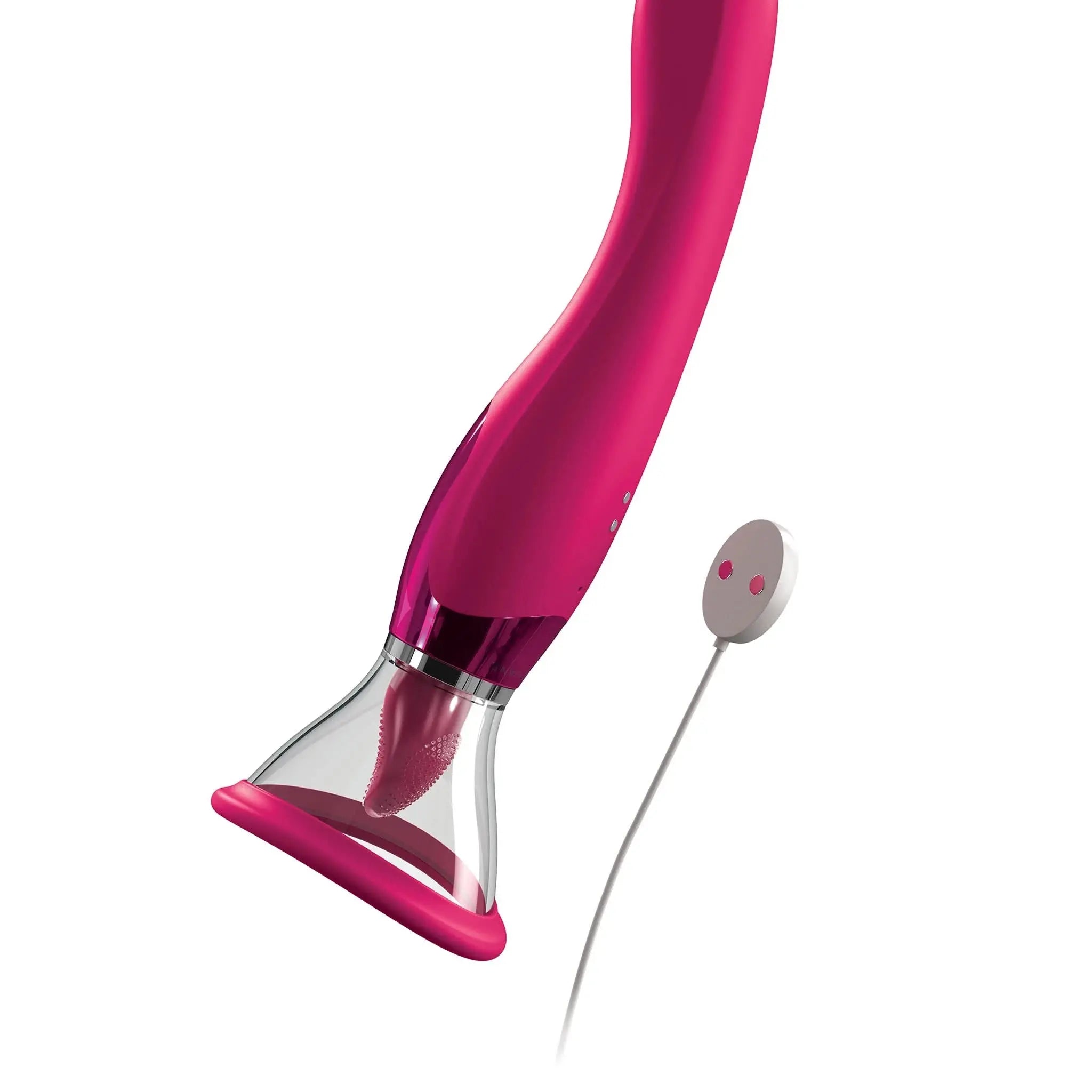 JIMMYJANE luxury personal massager in pink with flexible curved design and remote, on white background