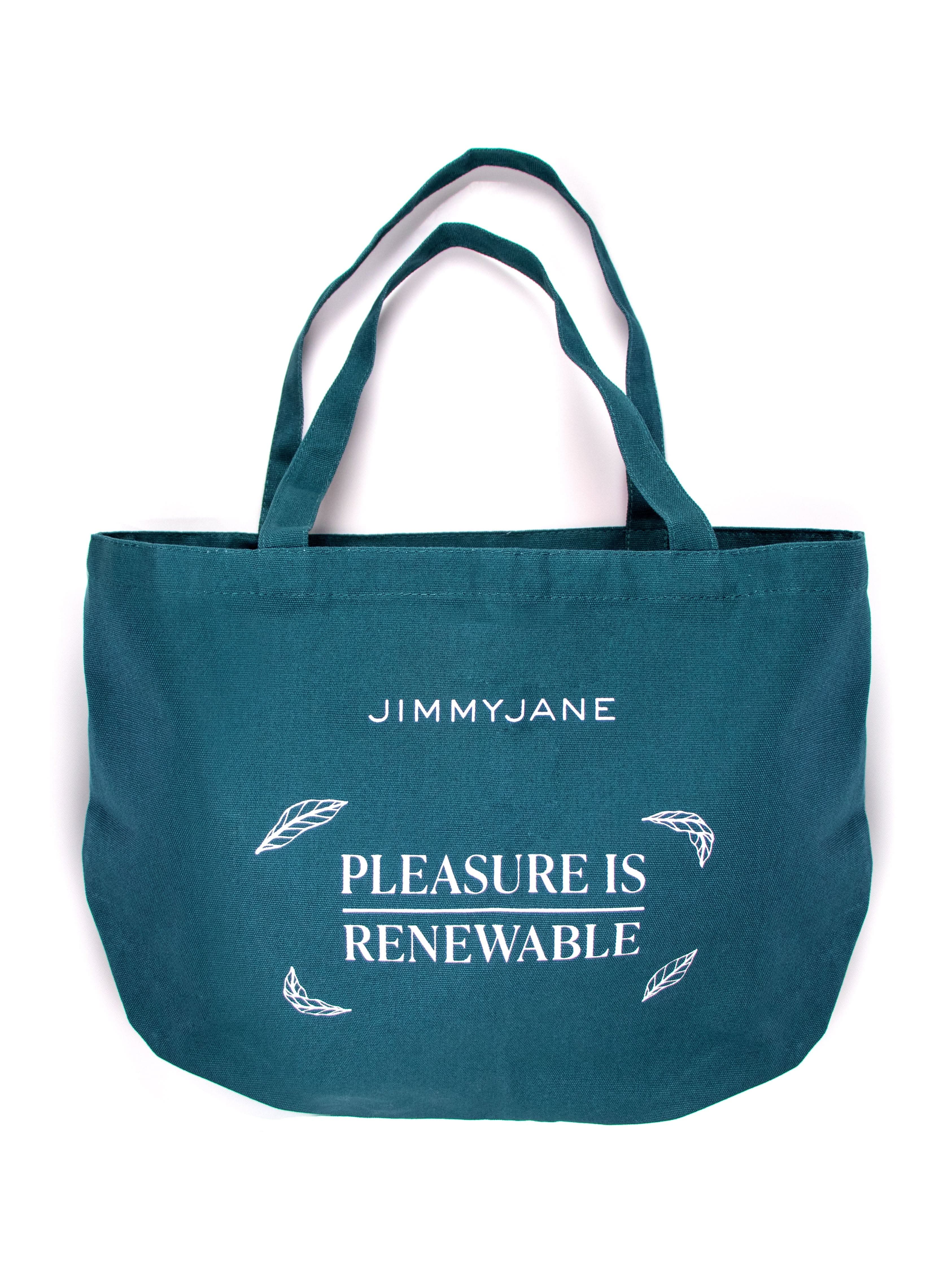 The JIMMYJANE® Reusable Pleasure Tote is a teal eco-friendly bag featuring “Pleasure is Renewable” and leaf designs printed in white—a stylish, sustainable choice for carrying your daily essentials.