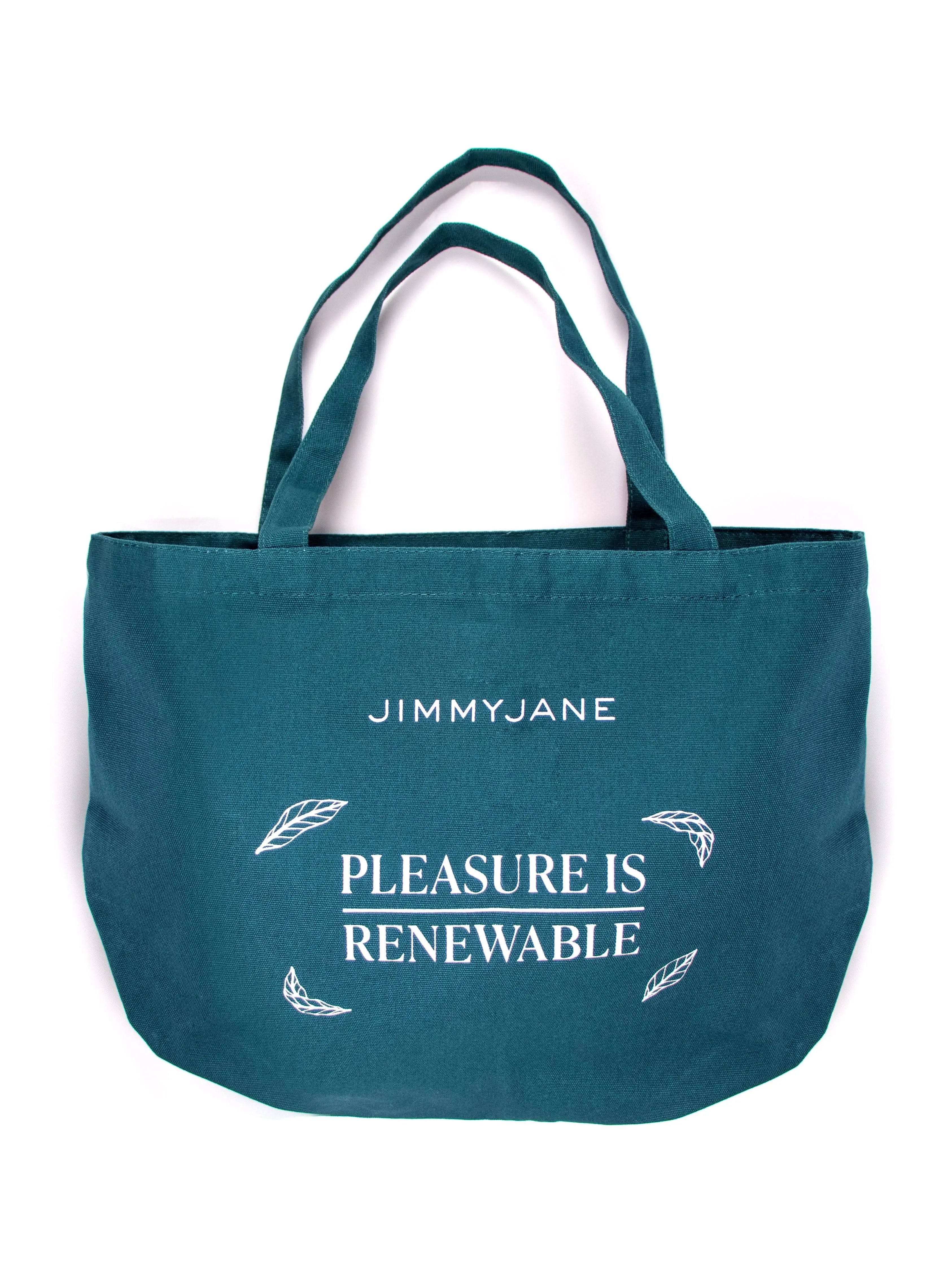 JIMMYJANE teal Earth Day tote bag with 'Pleasure is Renewable' eco-friendly slogan and leaf design