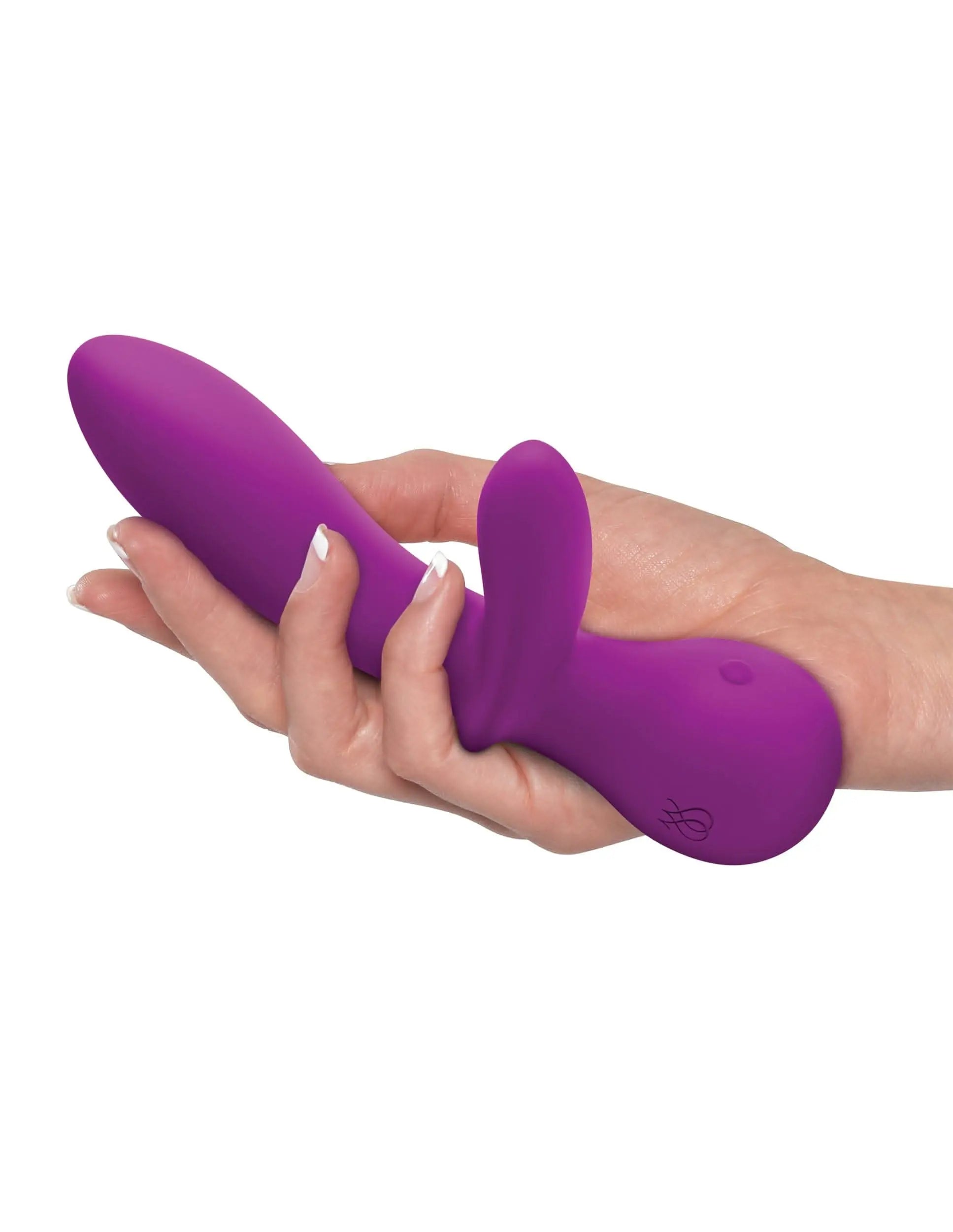 Hand holding a purple waterproof luxury vibrator by JIMMYJANE on white background