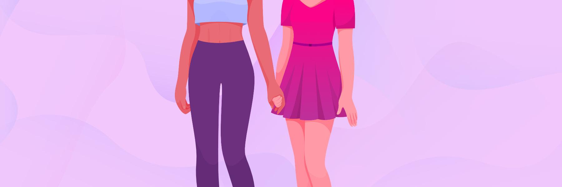 Illustration of two women holding hands, relationship connection concept on purple background