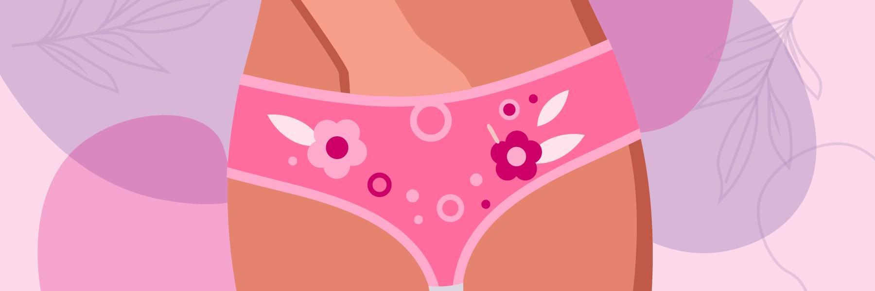 Illustration of a woman's torso wearing pink floral underwear, soft pastel background, JIMMYJANE