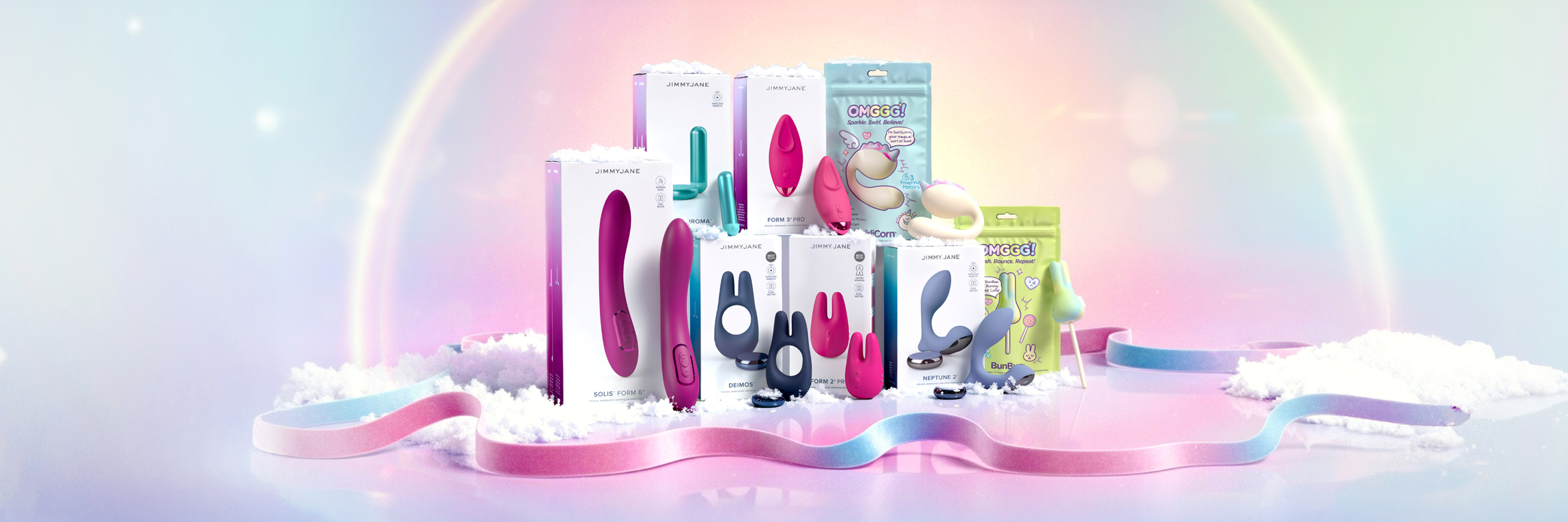 Soft pastel gradient background in pink, blue, yellow, and green for JIMMYJANE luxury shop