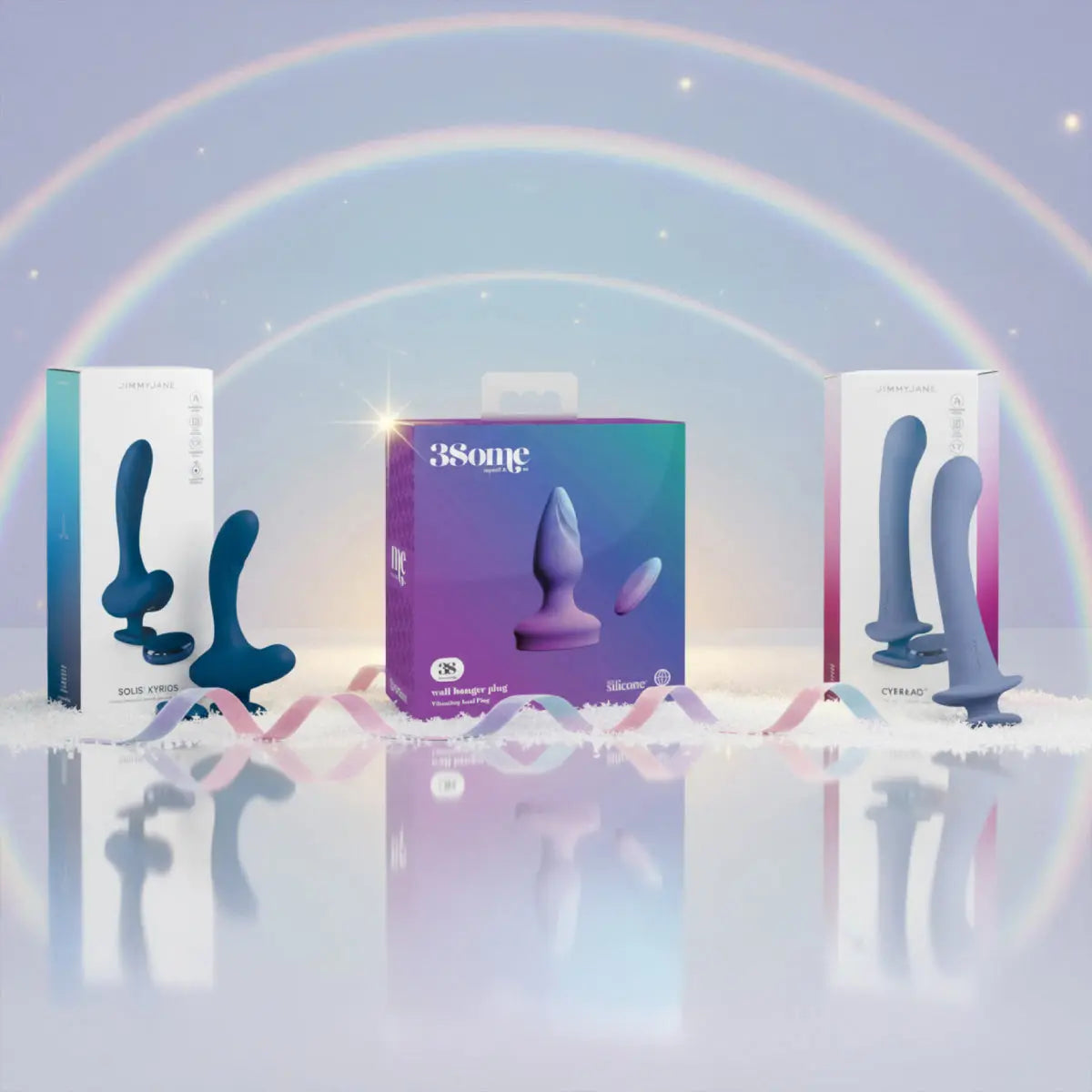 Luxury silicone toys from JIMMYJANE displayed with rainbow background and product boxes.