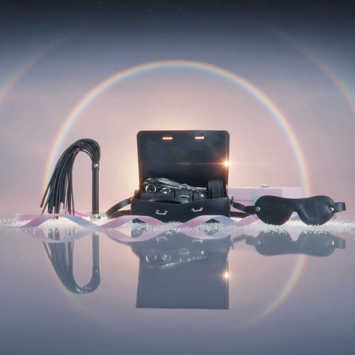 Luxury black blindfold, bondage kit, and whip from JIMMYJANE® against pastel rainbow backdrop