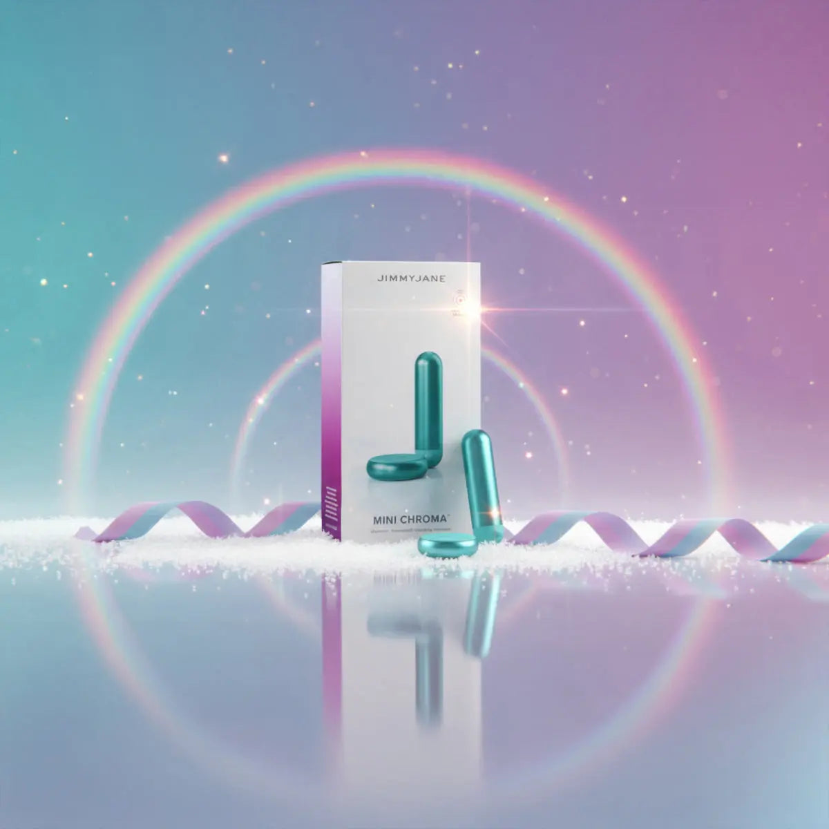 JIMMYJANE Mini Chroma luxury bullet toy in teal with festive rainbow background and snow accents