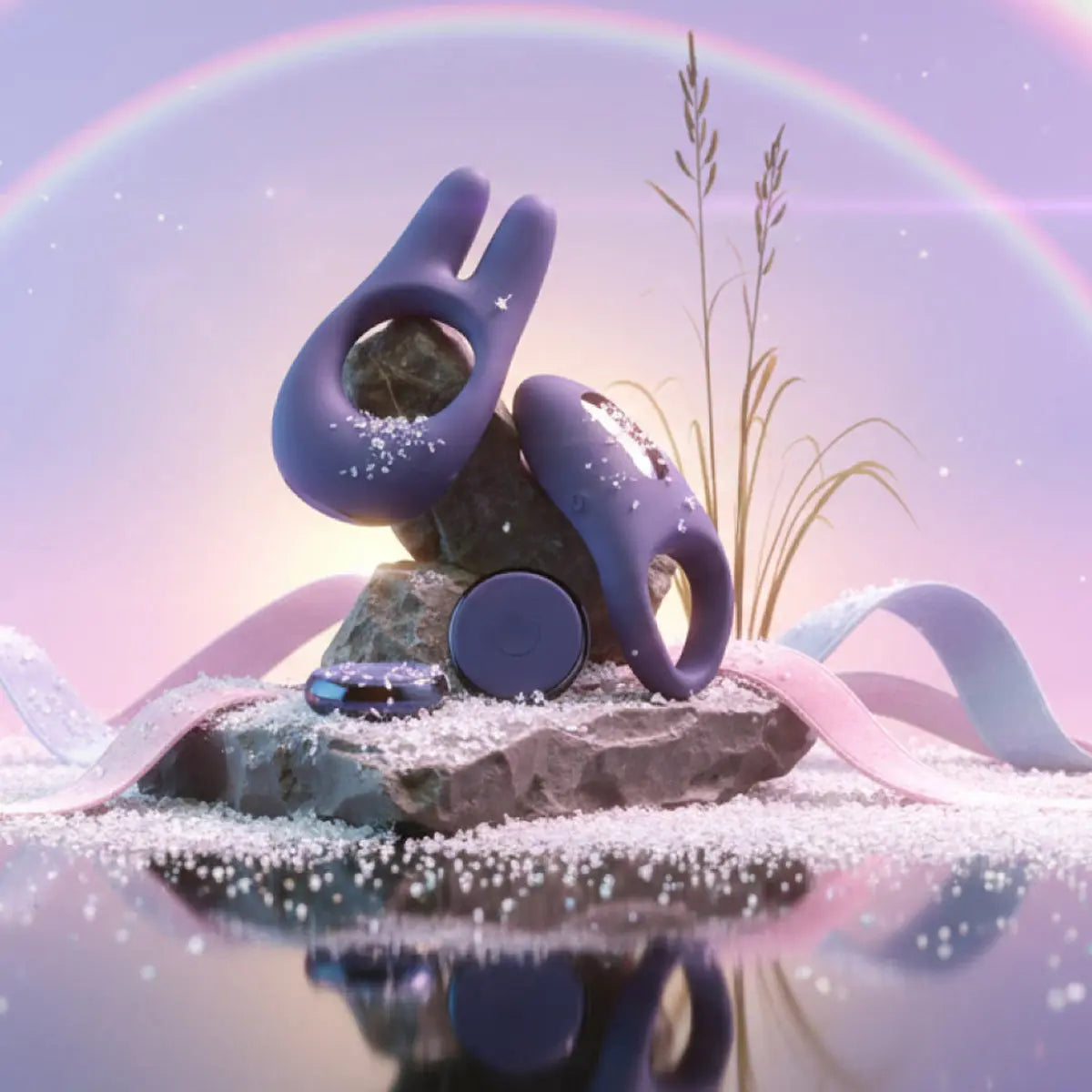 Purple luxury silicone rings on a rock with pastel background and rainbow, JIMMYJANE collection