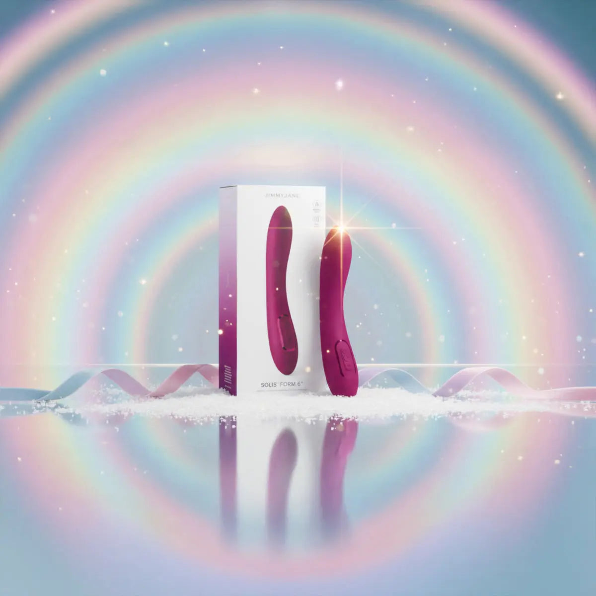 JIMMYJANE luxury wellness product in magenta with box, sparkling rainbow background