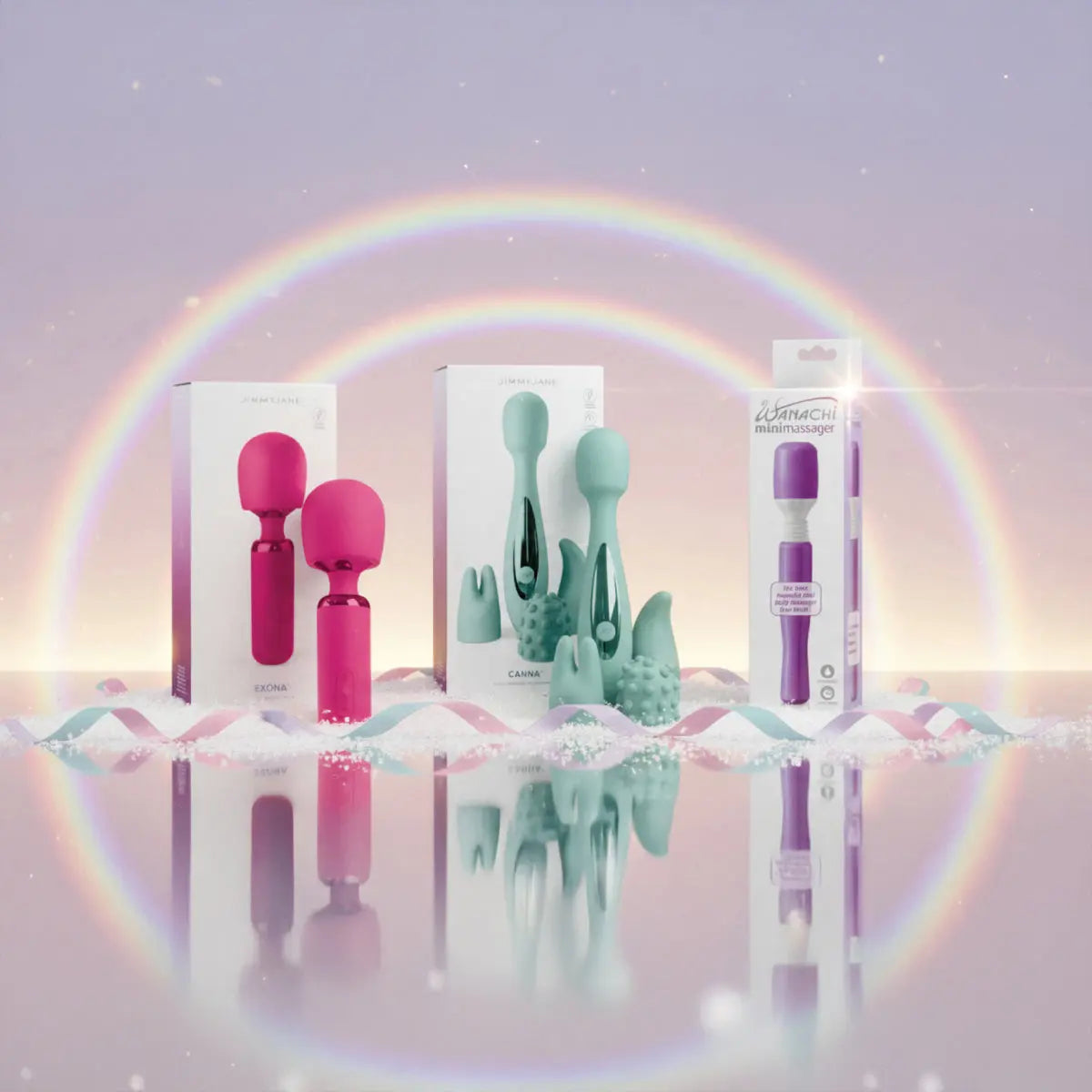 JIMMYJANE luxury wellness massagers and packaging with pastel rainbow backdrop