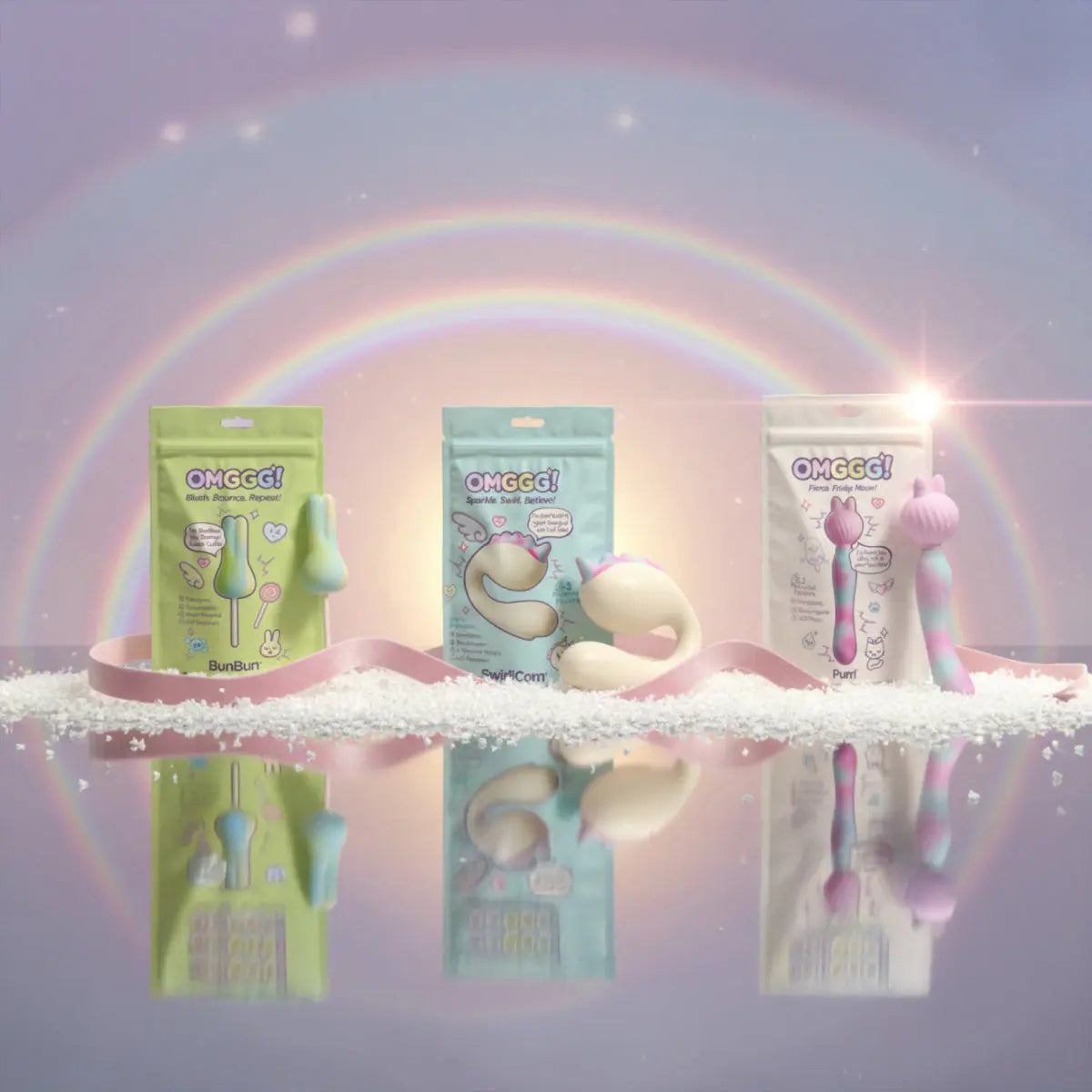 JIMMYJANE pastel luxury wellness toys with OMGGG! packaging, pastel rainbow background