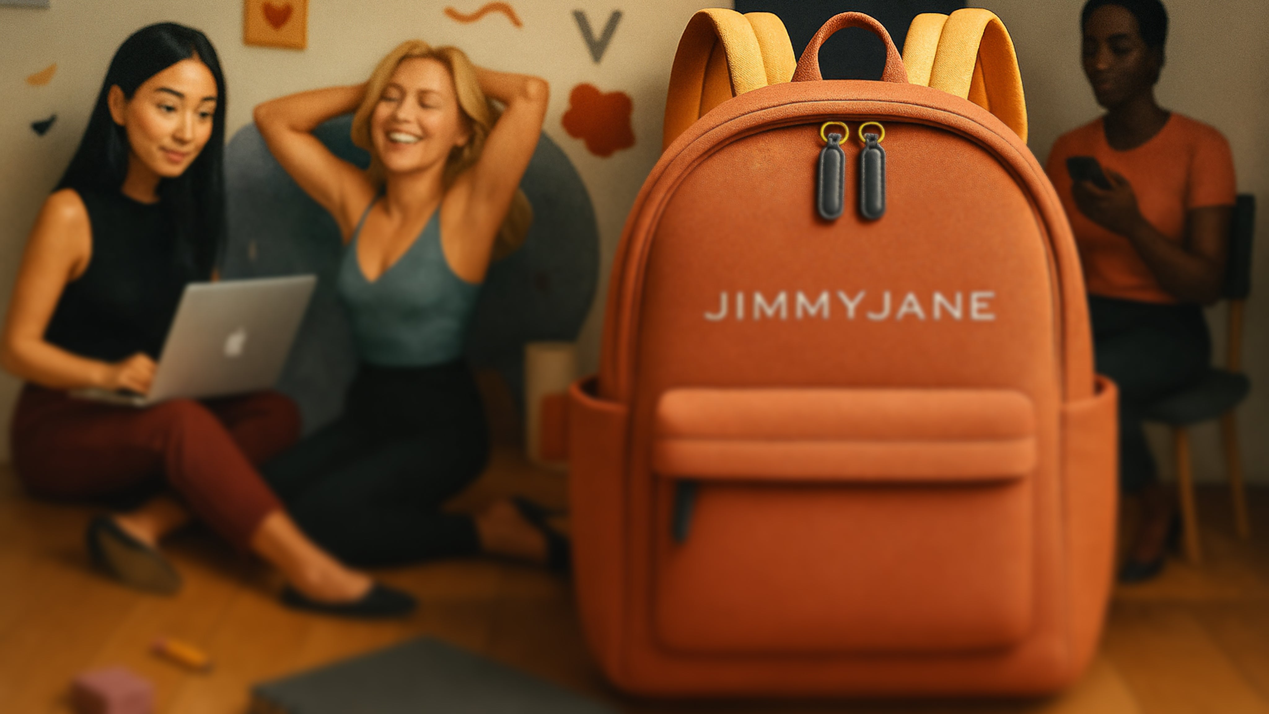 Orange backpack with 'JIMMYJANE' branding in a casual indoor setting.