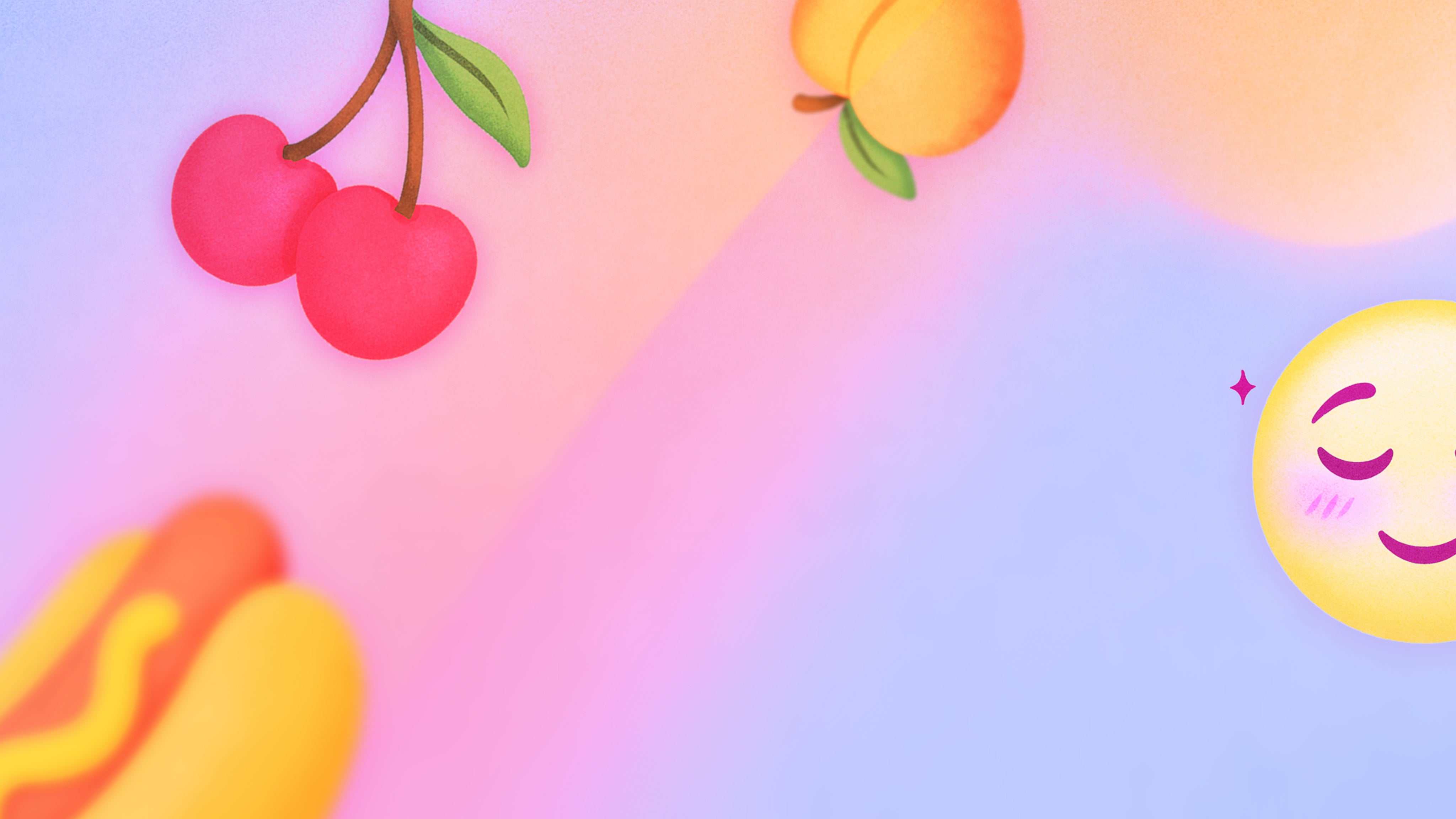 Cartoon-style fruits and a smiling emoji on a gradient background