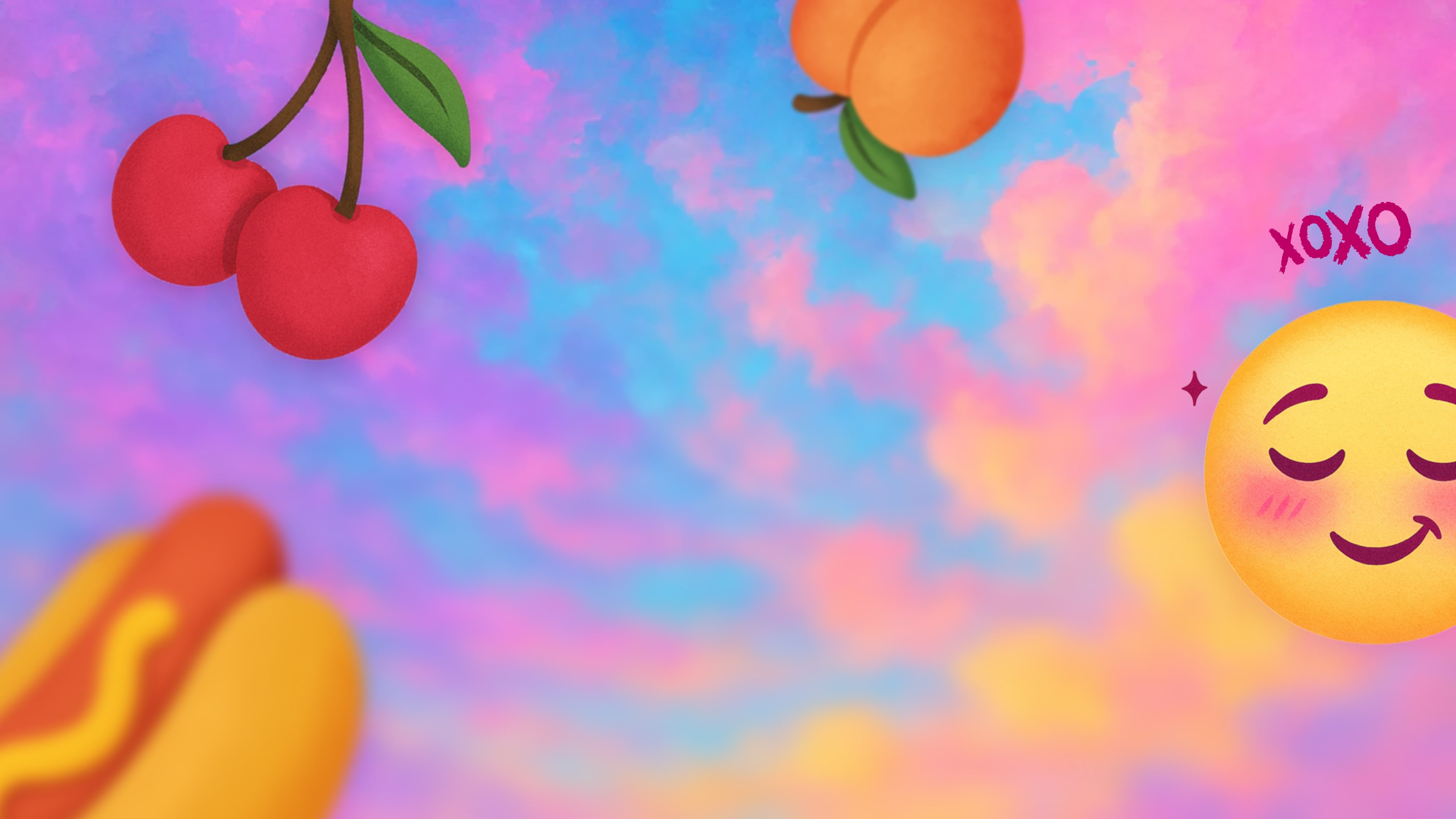 Colorful background with cherries, peaches, a hot dog, and a smiling emoji with 'XOXO' text.