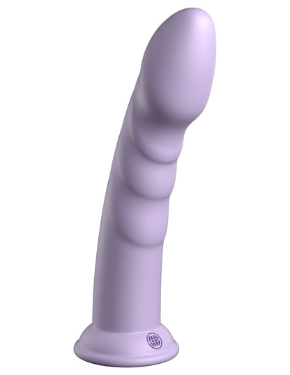 The Dillio® Platinum Super Eight by Dillio® Platinum is a lavender, platinum-cured silicone dildo with a curved, textured shaft and solid suction cup base, shown upright on white; compatible with universal strap-on harnesses.
