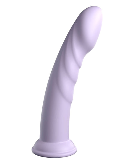The Dillio® Platinum Super Eight by Dillio® Platinum is a light purple, platinum-cured silicone dildo with a curved, spiral-textured design and solid suction cup base, compatible with most universal strap-on harnesses.