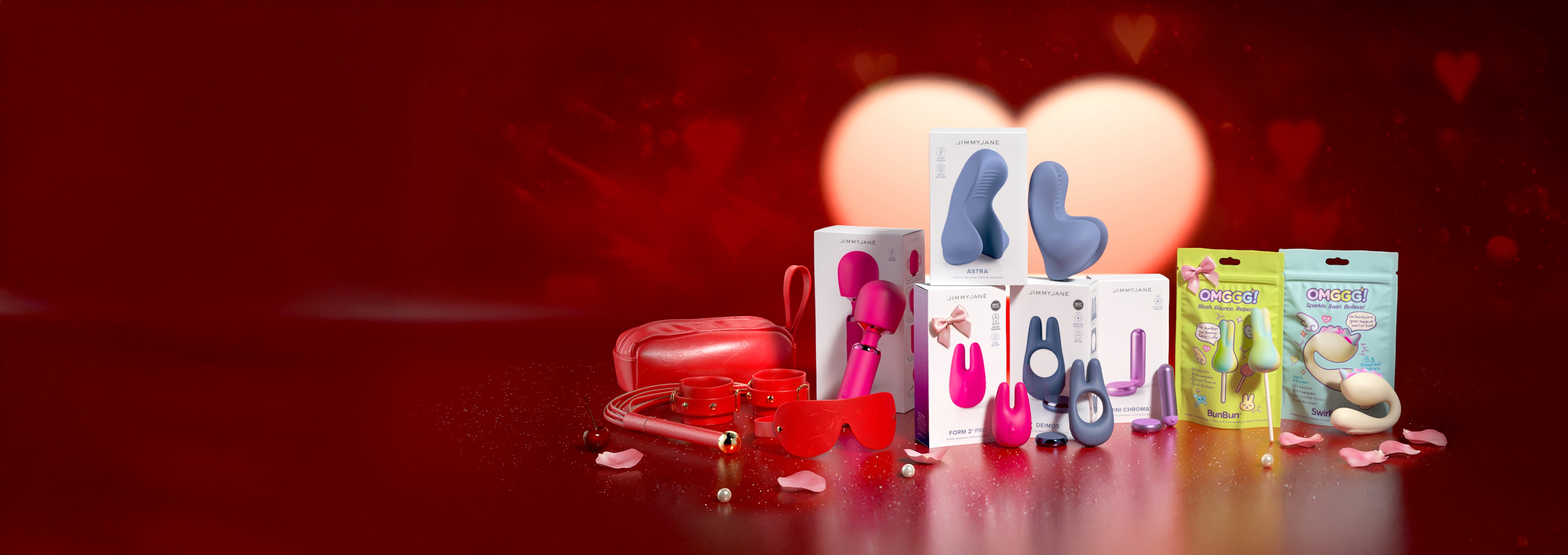 Desktop banner with JIMMYJANE toys on a bright red background with heart shapes in the background.