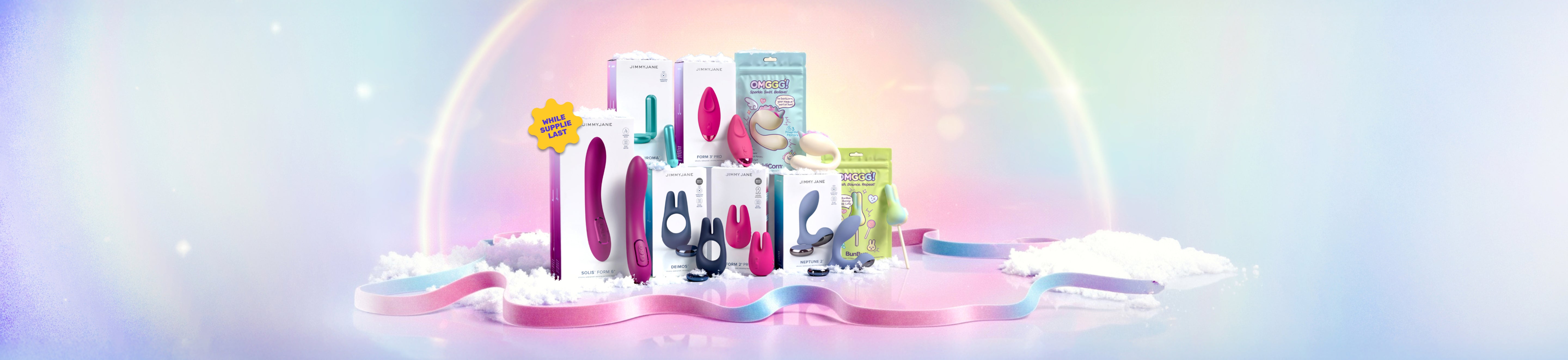 Product display with various items on a colorful background