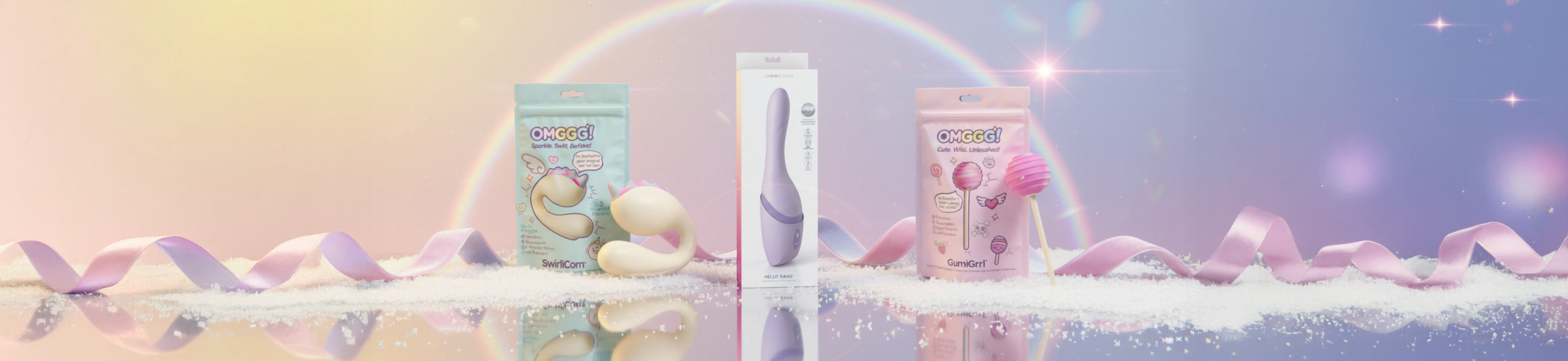 Product packaging with a pastel background and rainbow