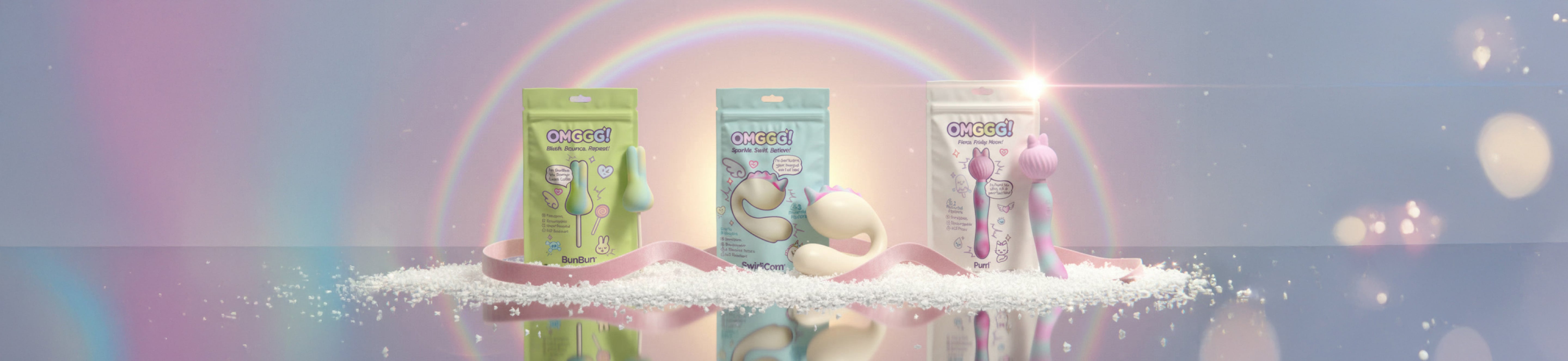 Three skincare products on a reflective surface with a colorful, blurred background