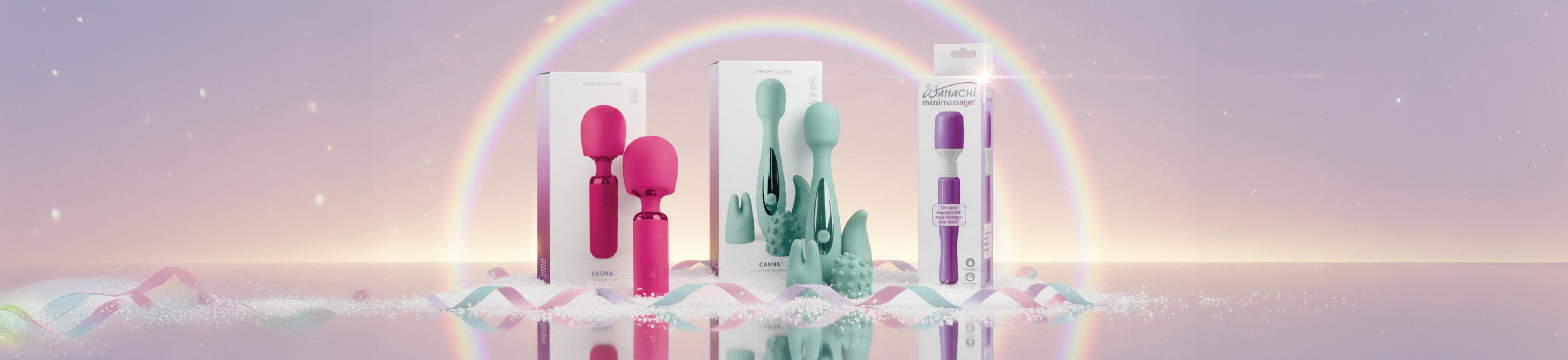Set of beauty tools with a rainbow arch in the background