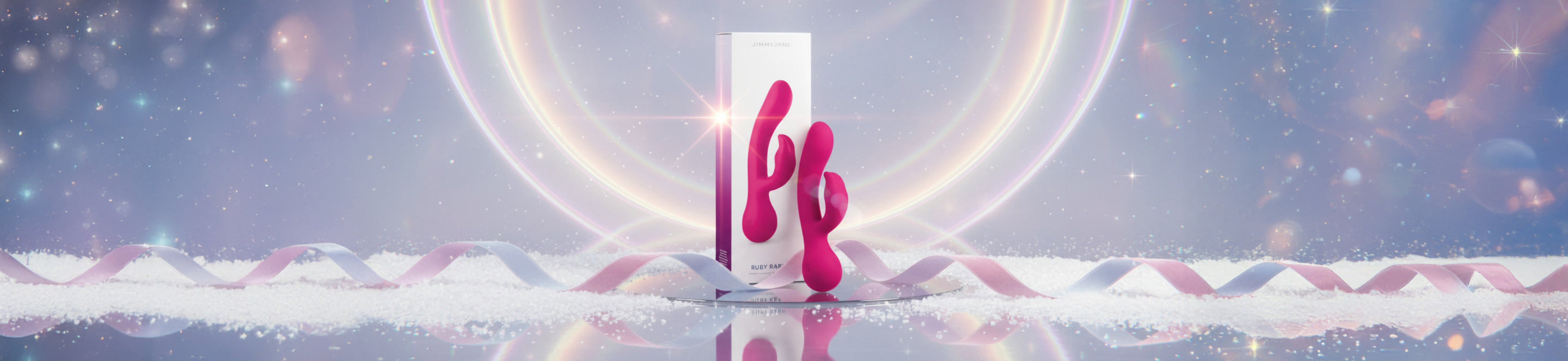 Pink footprints on a white platform with a futuristic background