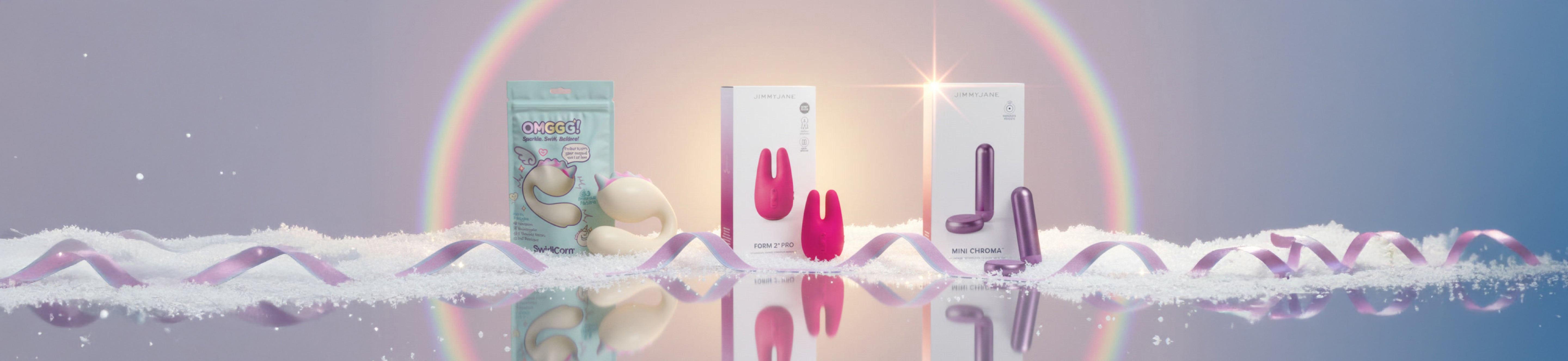 Product packaging with a rainbow and decorative elements on a reflective surface