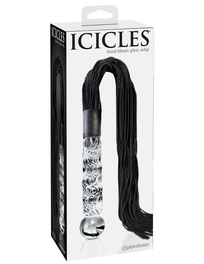 Box packaging for Icicles® No. 38 by Icicles®, a hand-blown glass flogger featuring a clear handle with textured swirls and elegant black tails.