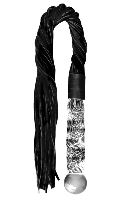 The Icicles® No. 38 by Icicles® is a black leather flogger featuring a textured, clear hand-blown glass handle with elegant swirls and a round glass end, shown against a white background.