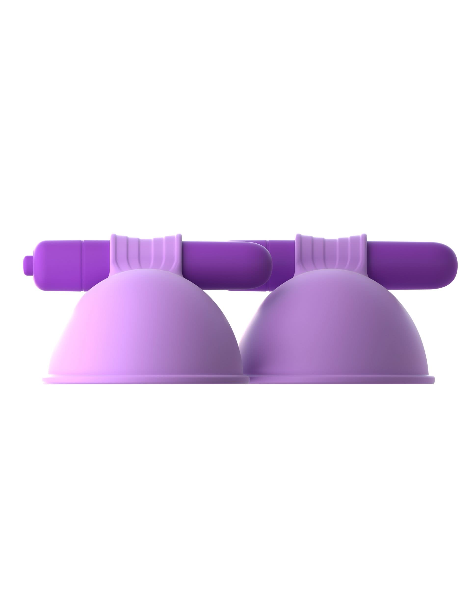 The Fantasy® For Her Pipedream® Vibrating Breast Suck-Hers features two purple silicone suction cups side by side with a horizontal handle on top, offering sensual vibrating stimulation.