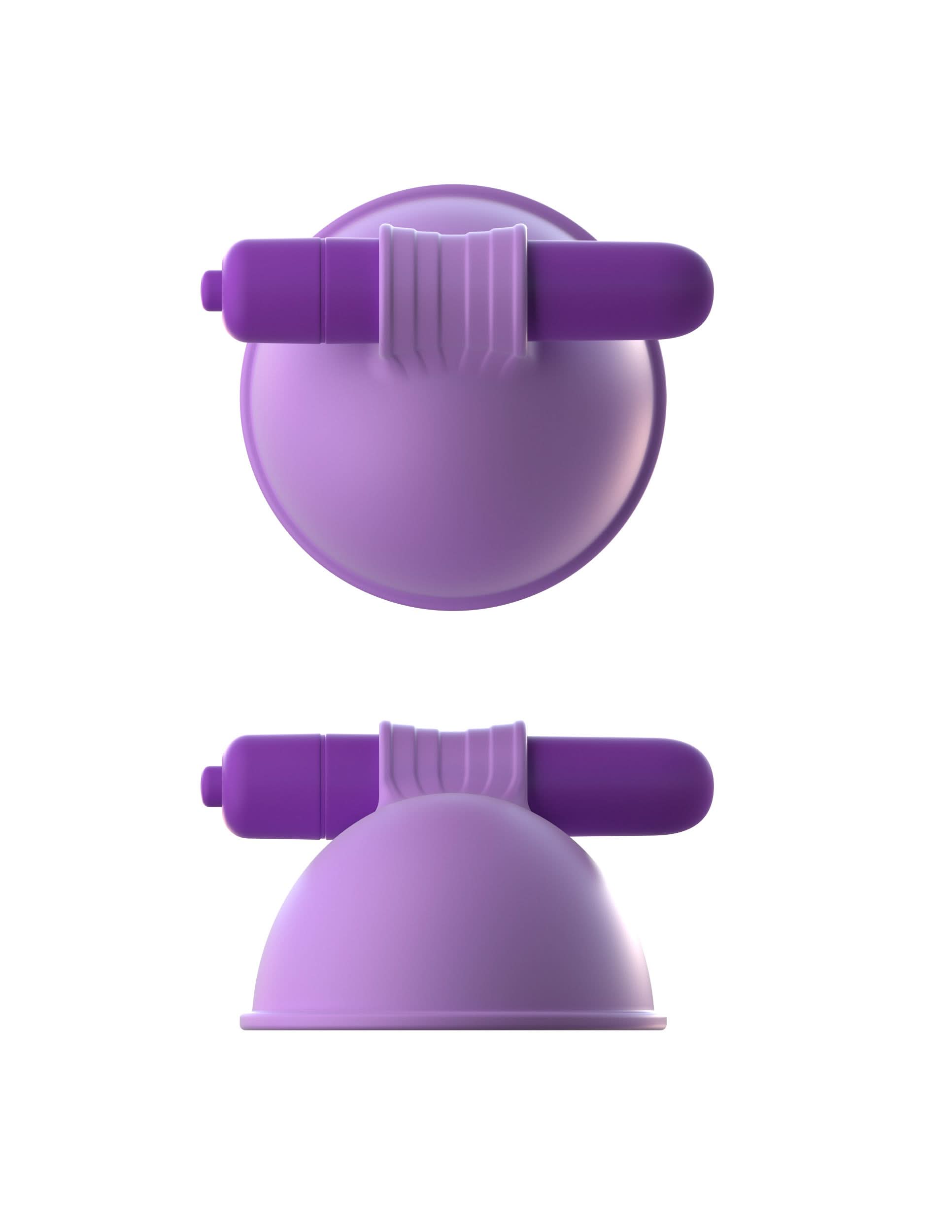 The Fantasy® For Her Pipedream® Vibrating Breast Suck-Hers are purple silicone suction cups with handles, shown from top and side views, delivering sensual vibrations on a white background.