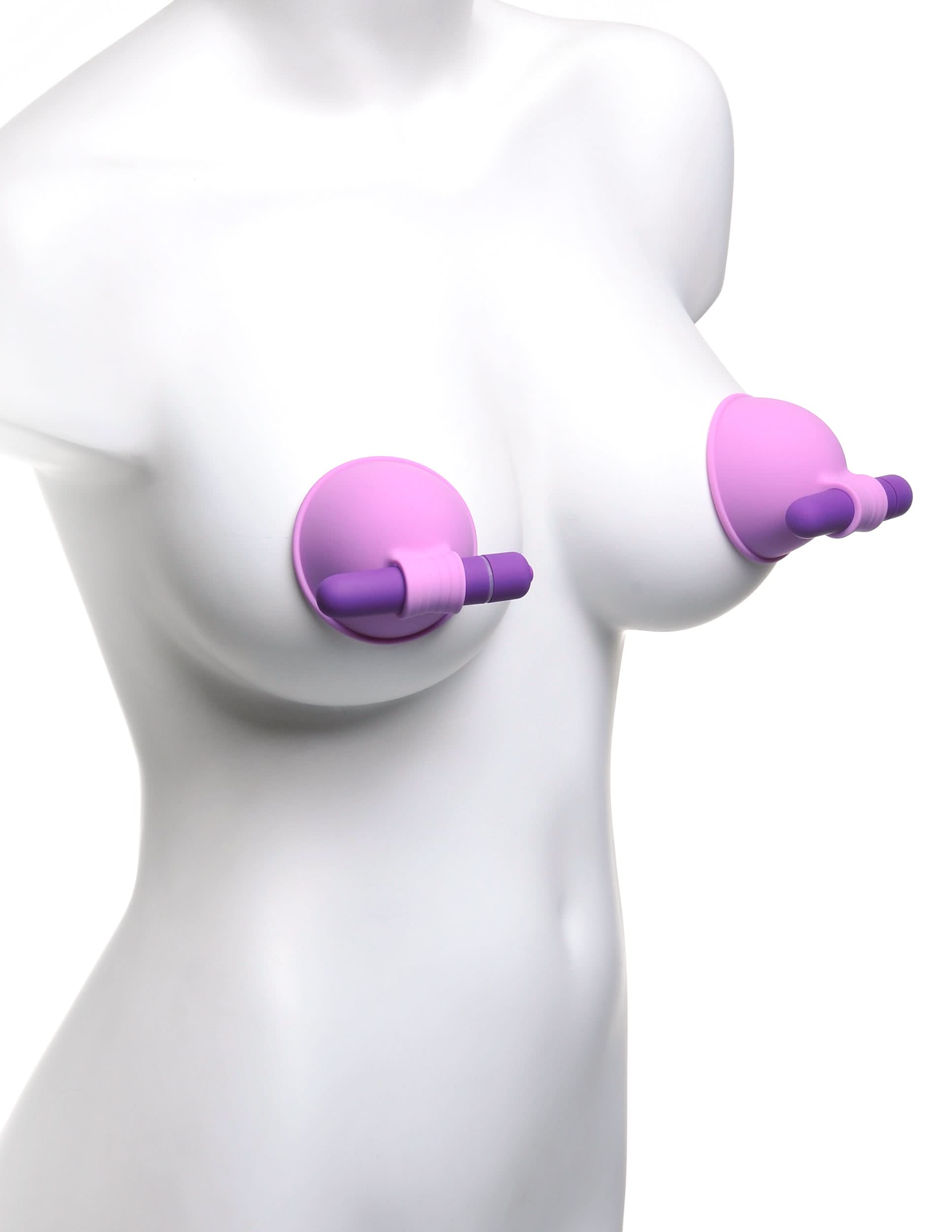 A mannequin displays Fantasy® For Her Pipedream® Vibrating Breast Suck-Hers attached over the nipples, set against a white background.