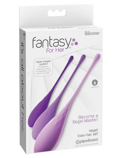 The Pipedream® Kegel Train-Her Set by Fantasy® For Her includes three purple silicone kegel exercisers in varying sizes.